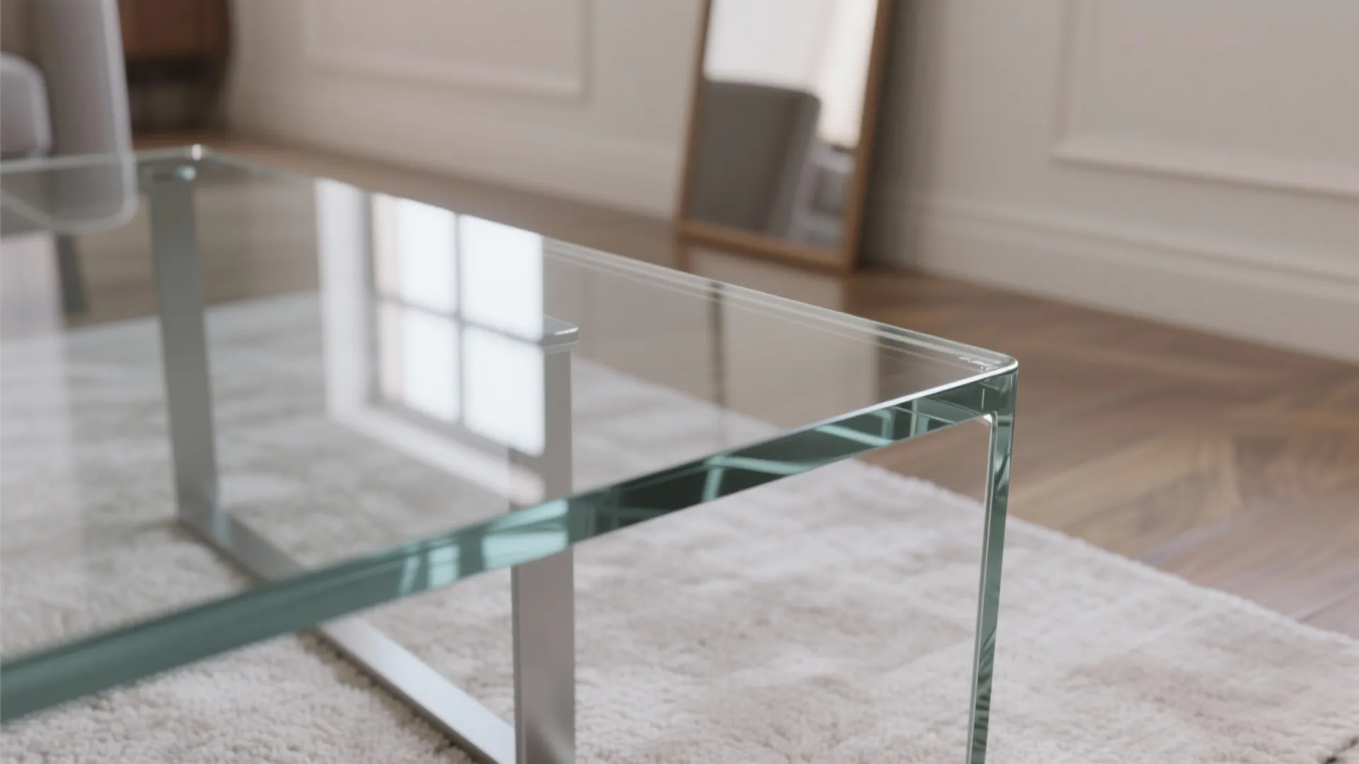 Reflective accents: mirrors, satin finishes, and a glass coffee table