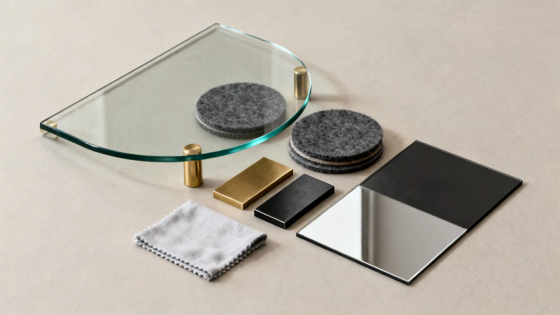 Flatlay of tempered glass sample, metal base swatches, coasters, and cleaning cloth for glass table care.