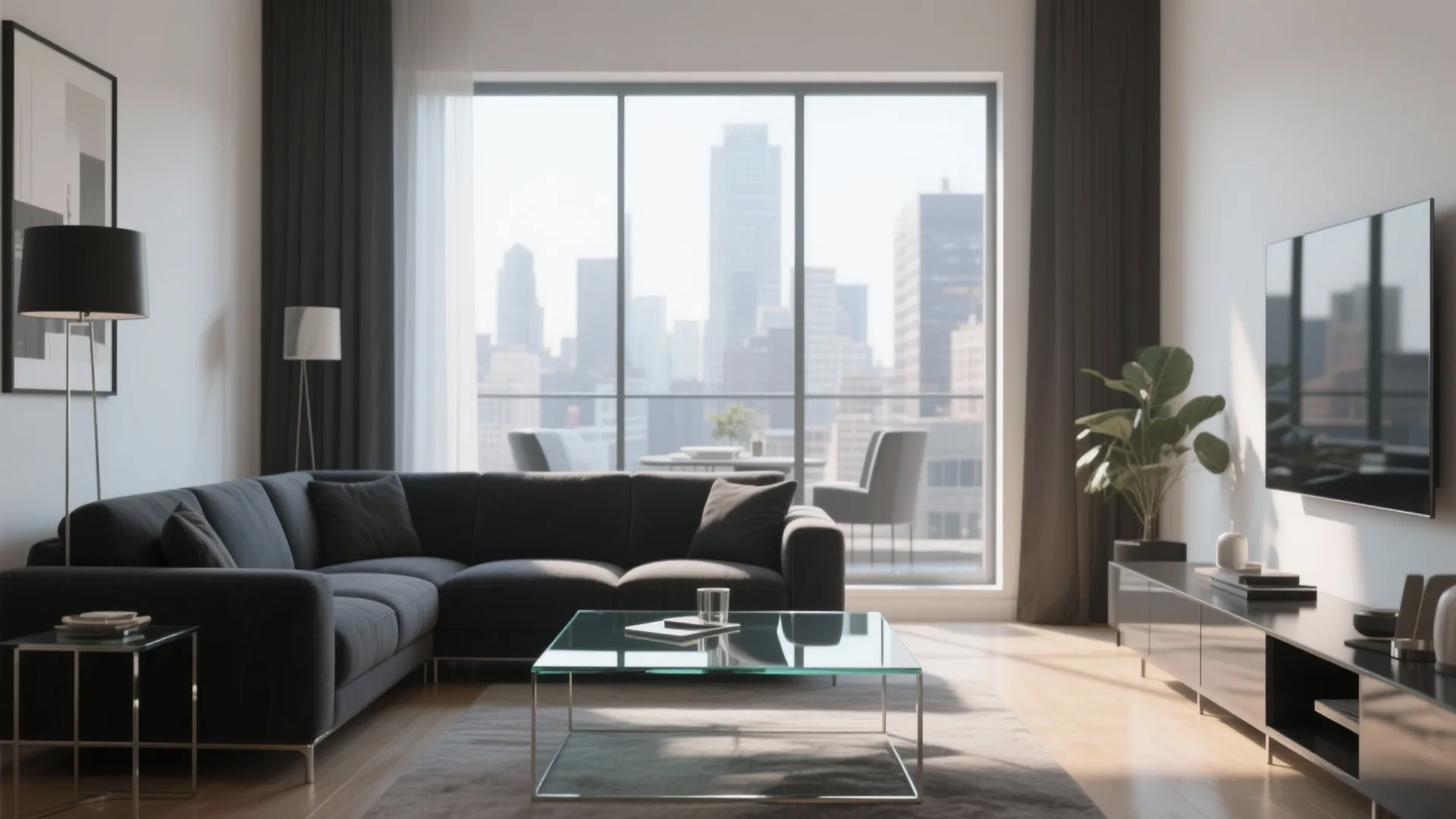Modern living room with dark grey sofa glass coffee table television and large city view