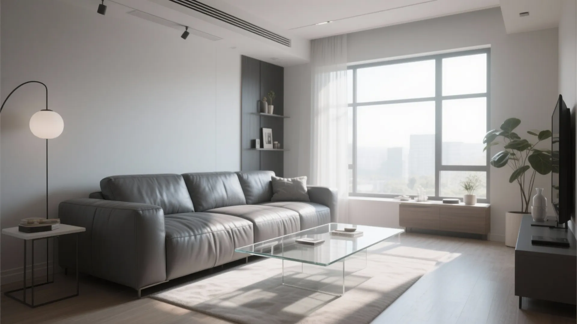 Bright living room with grey leather sofa glass coffee table large window and green plants