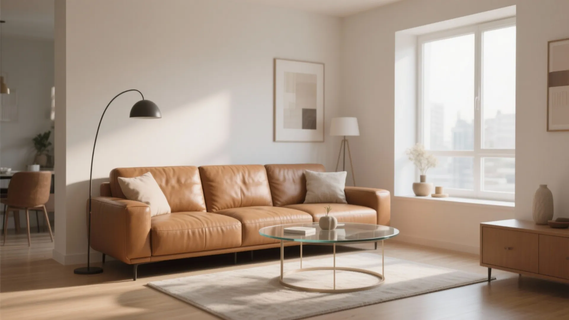 Tan leather sofa with a round glass coffee table for airy space