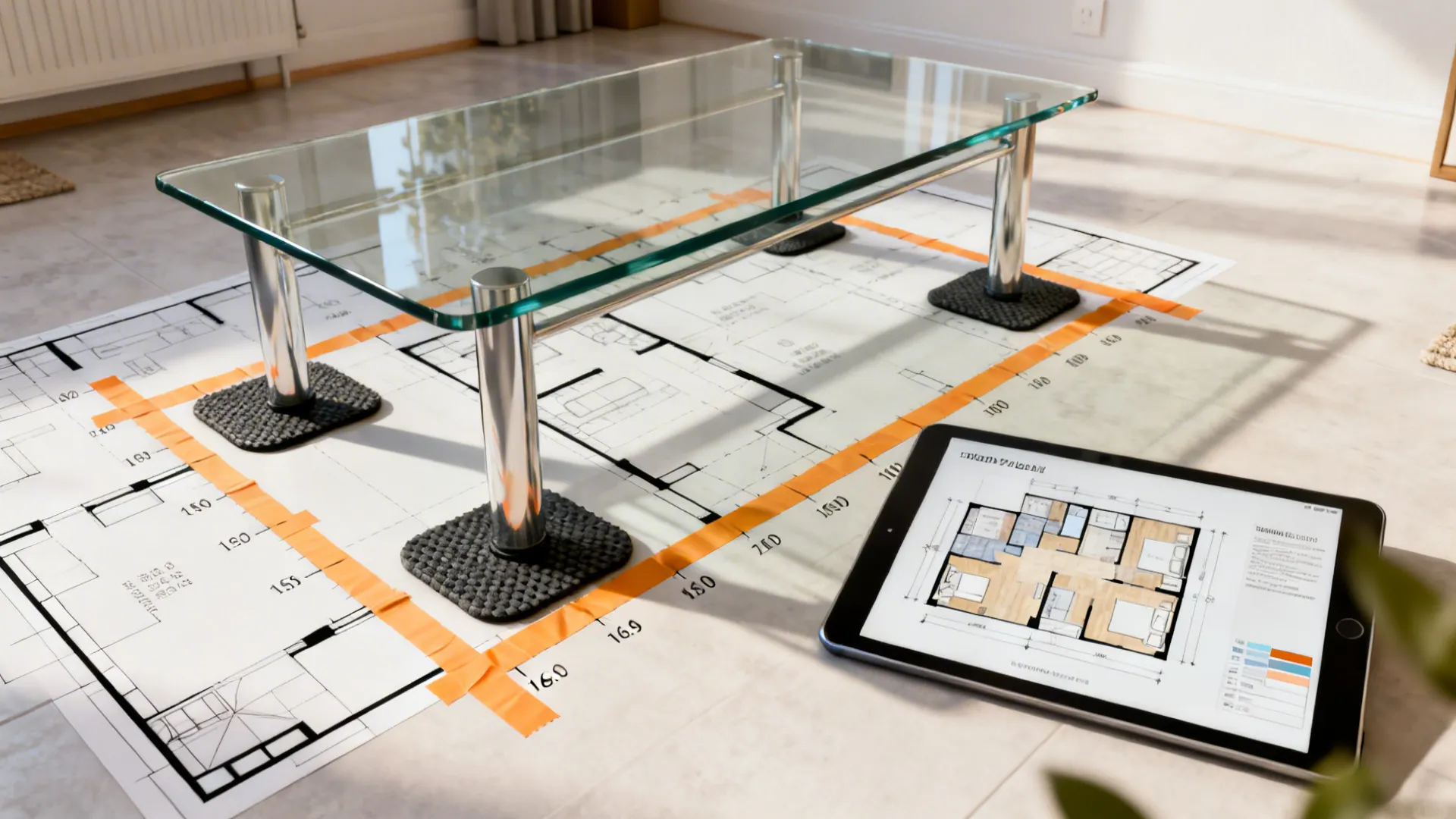 Top-down view of a small room layout with a glass coffee table and layout tape, showing sizing tips.