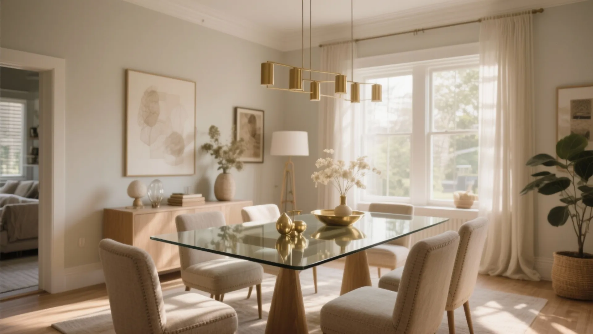 Modern dining room featuring glass table with beige chairs under a gold metal ceiling light