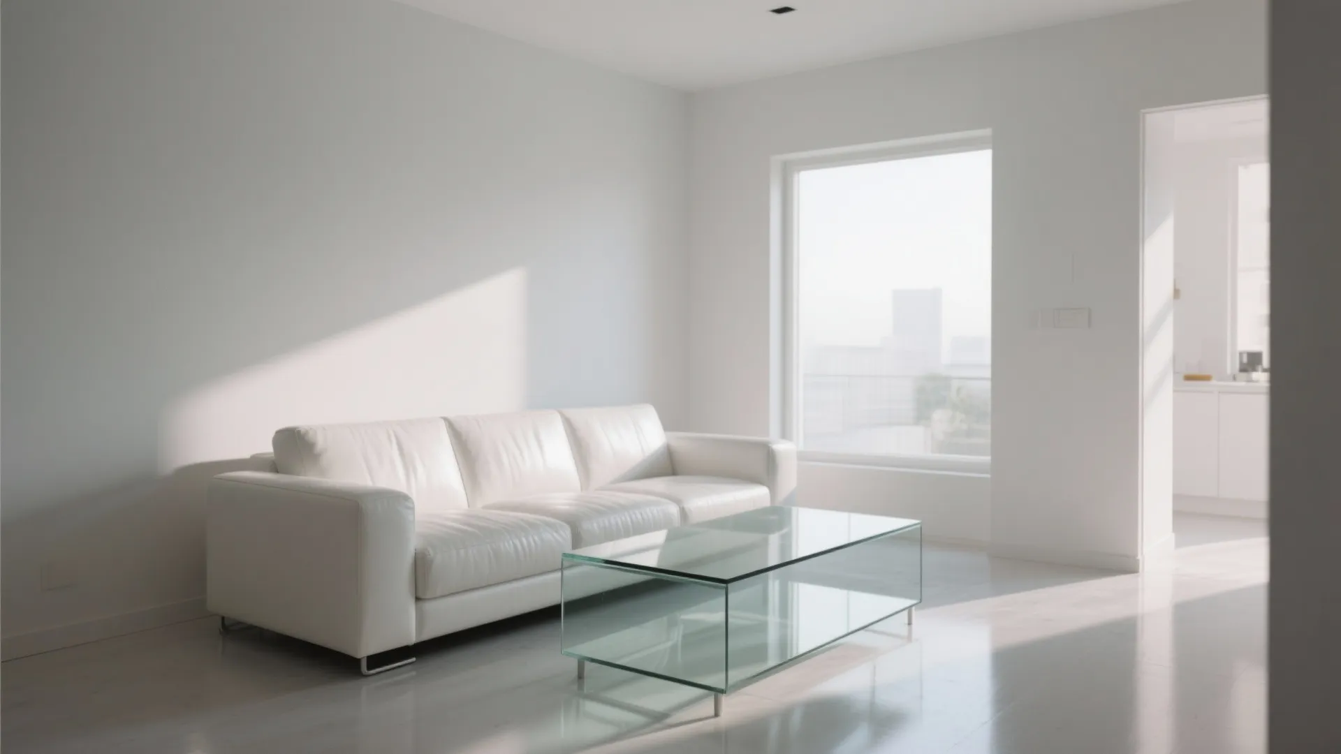 Minimalist white living room featuring a modern leather sofa glass coffee table and bright natural light