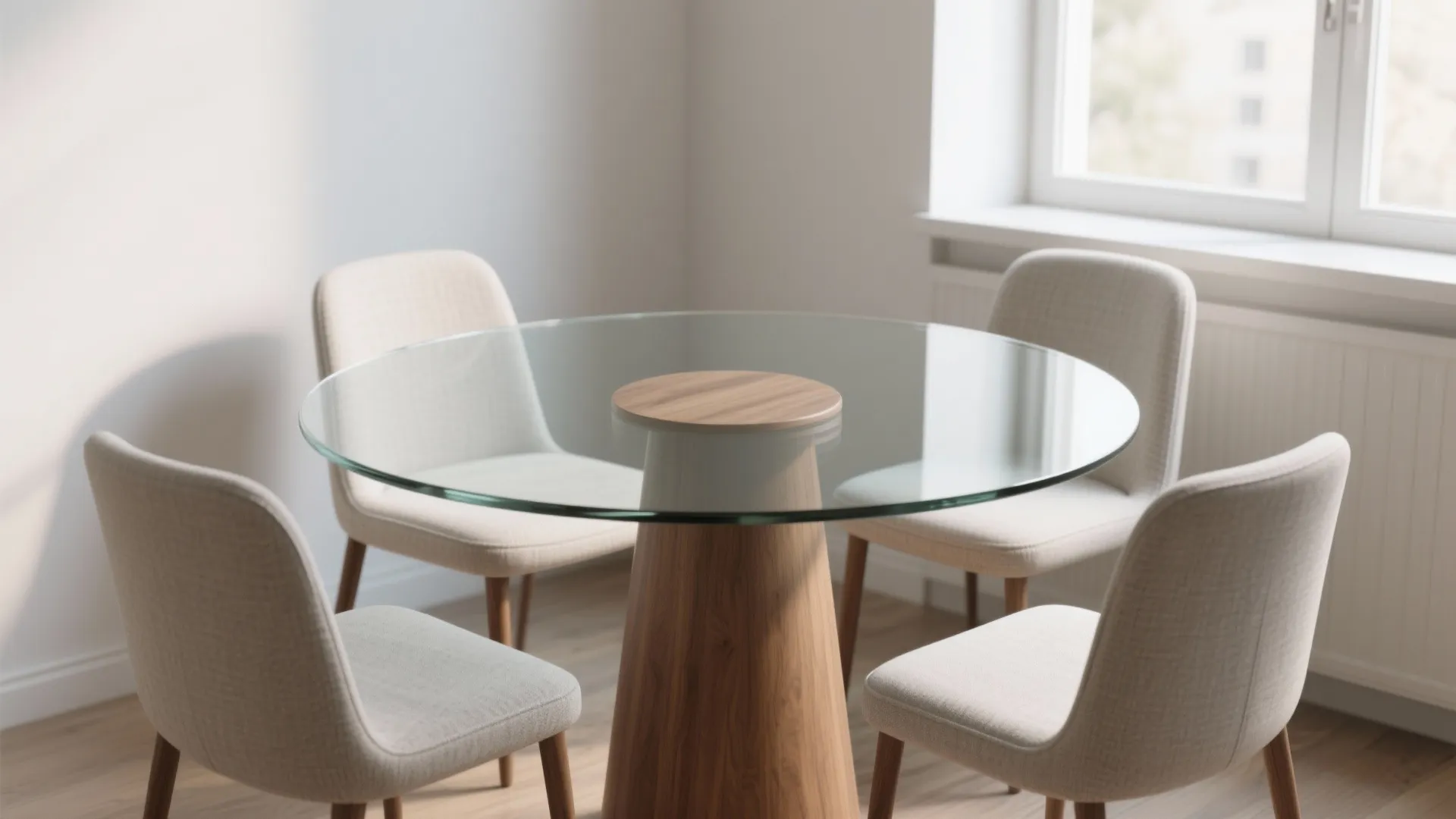 Round glass dining table with wooden base and four beige chairs near a bright large window