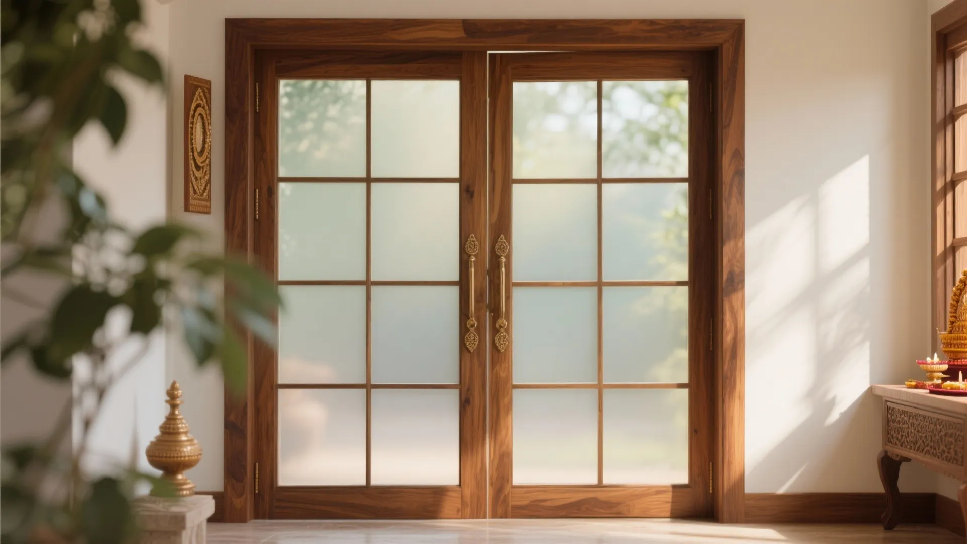 Elegant double glass wooden doors with gold handles leading into a sunlit and bright room