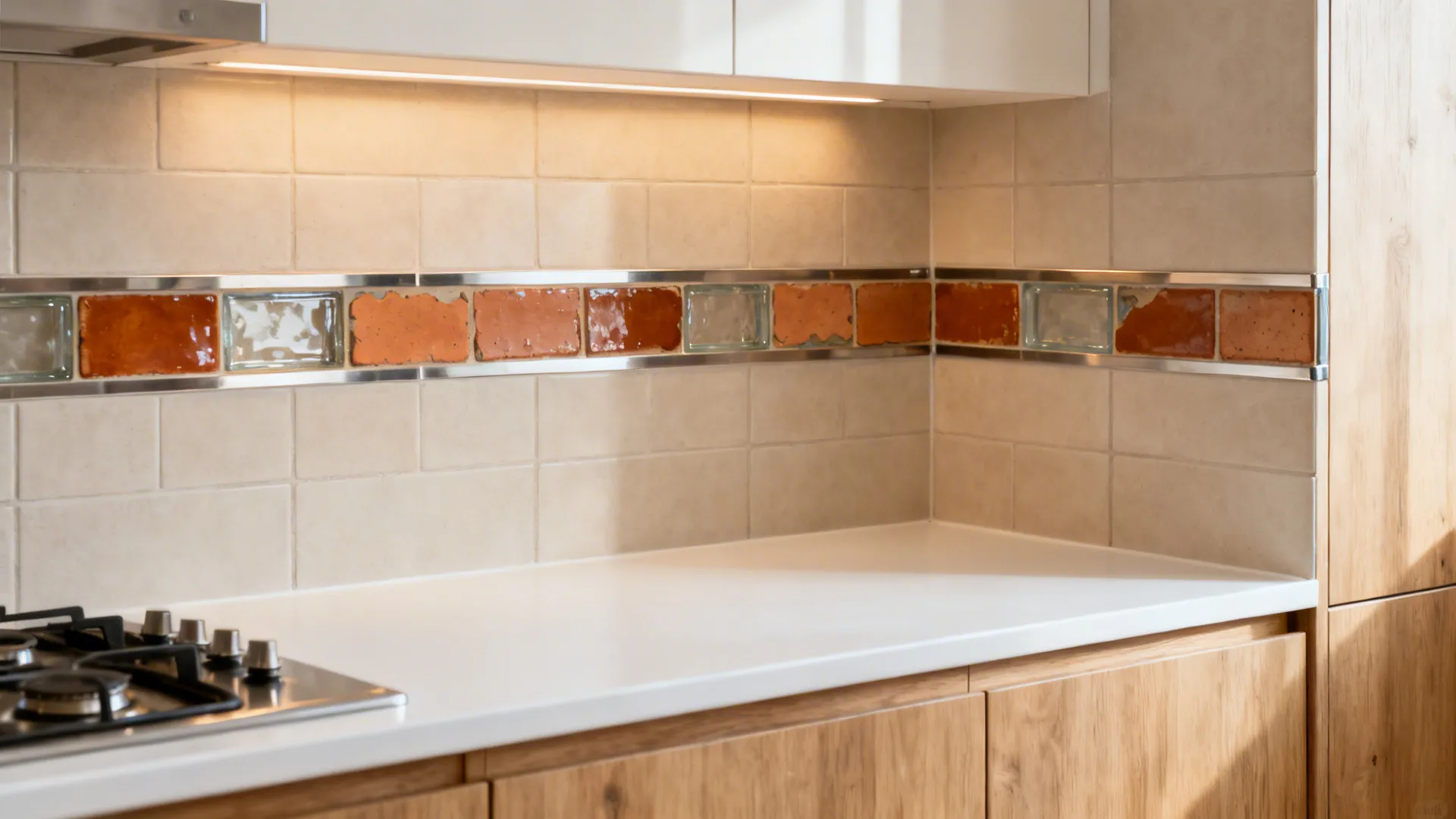 Small kitchen with a slim accent band of glossy glass and glazed terracotta within a neutral tile field.