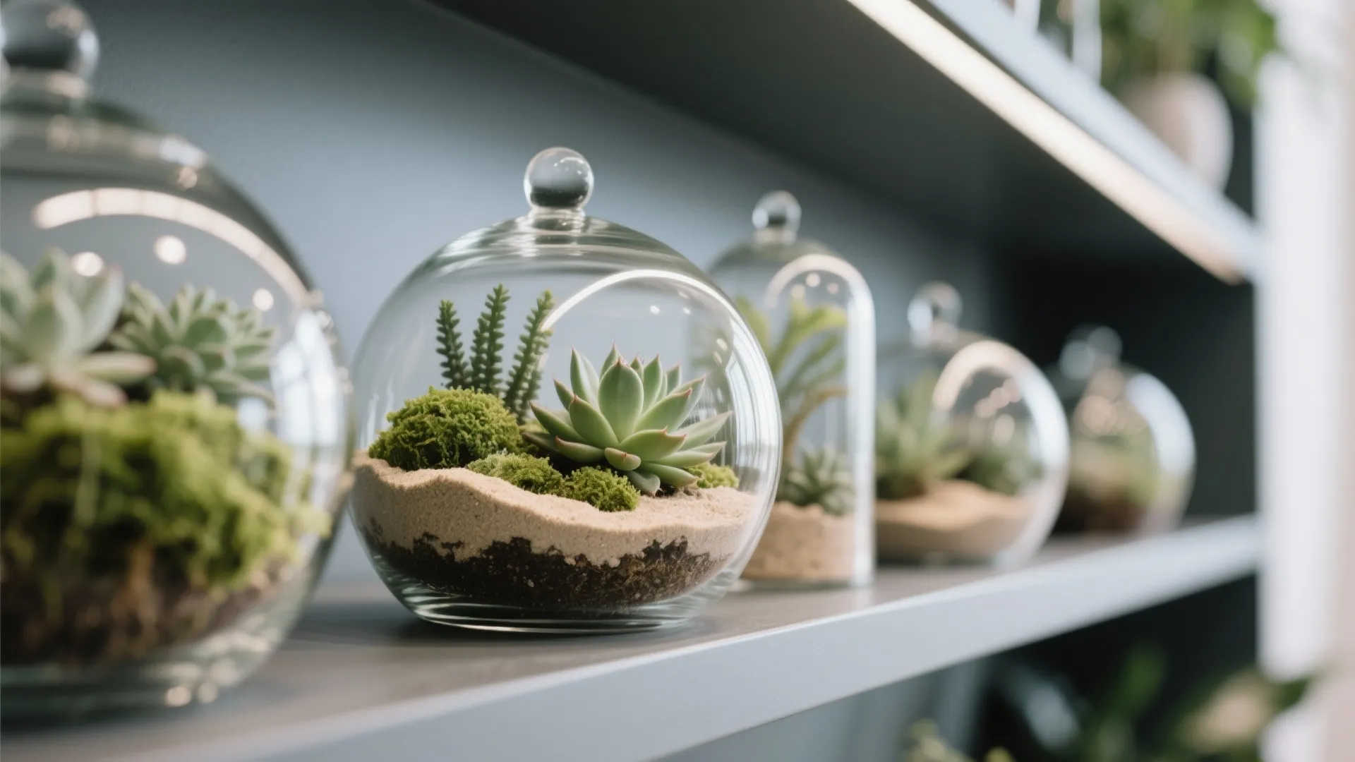 Row of round glass plant containers with green succulents and moss on a grey shelf