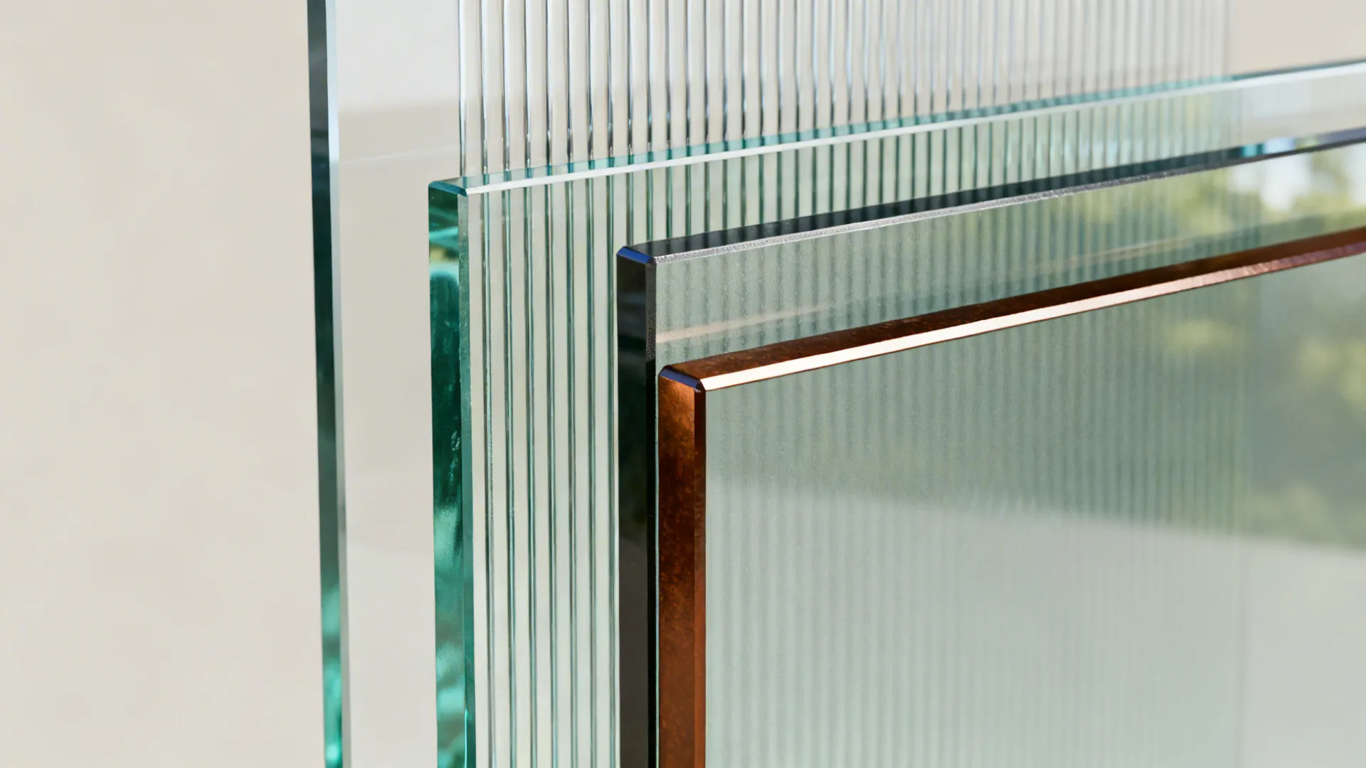 Macro comparison of 6 mm low-iron glass, 8 mm reeded glass, and laminated bronze glass edges.