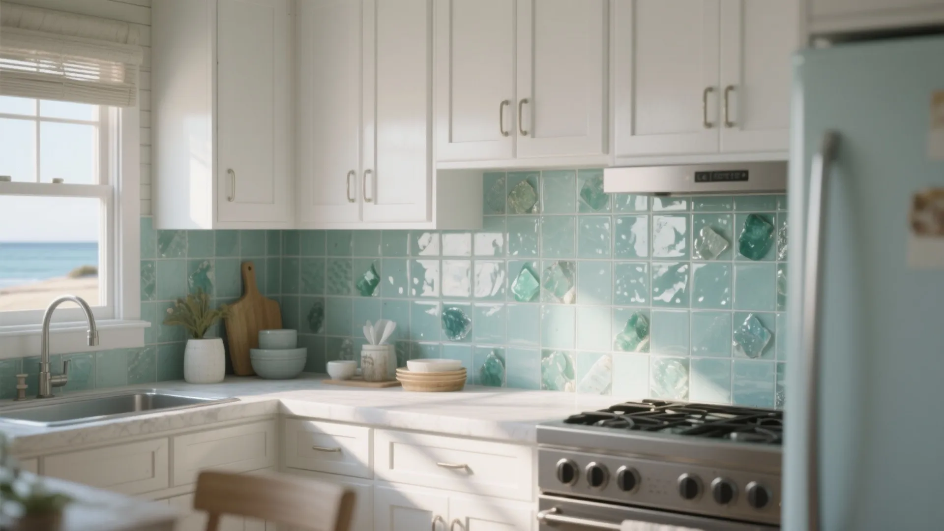 Bright kitchen featuring white cabinets with light blue wall tiles and a coastal window view