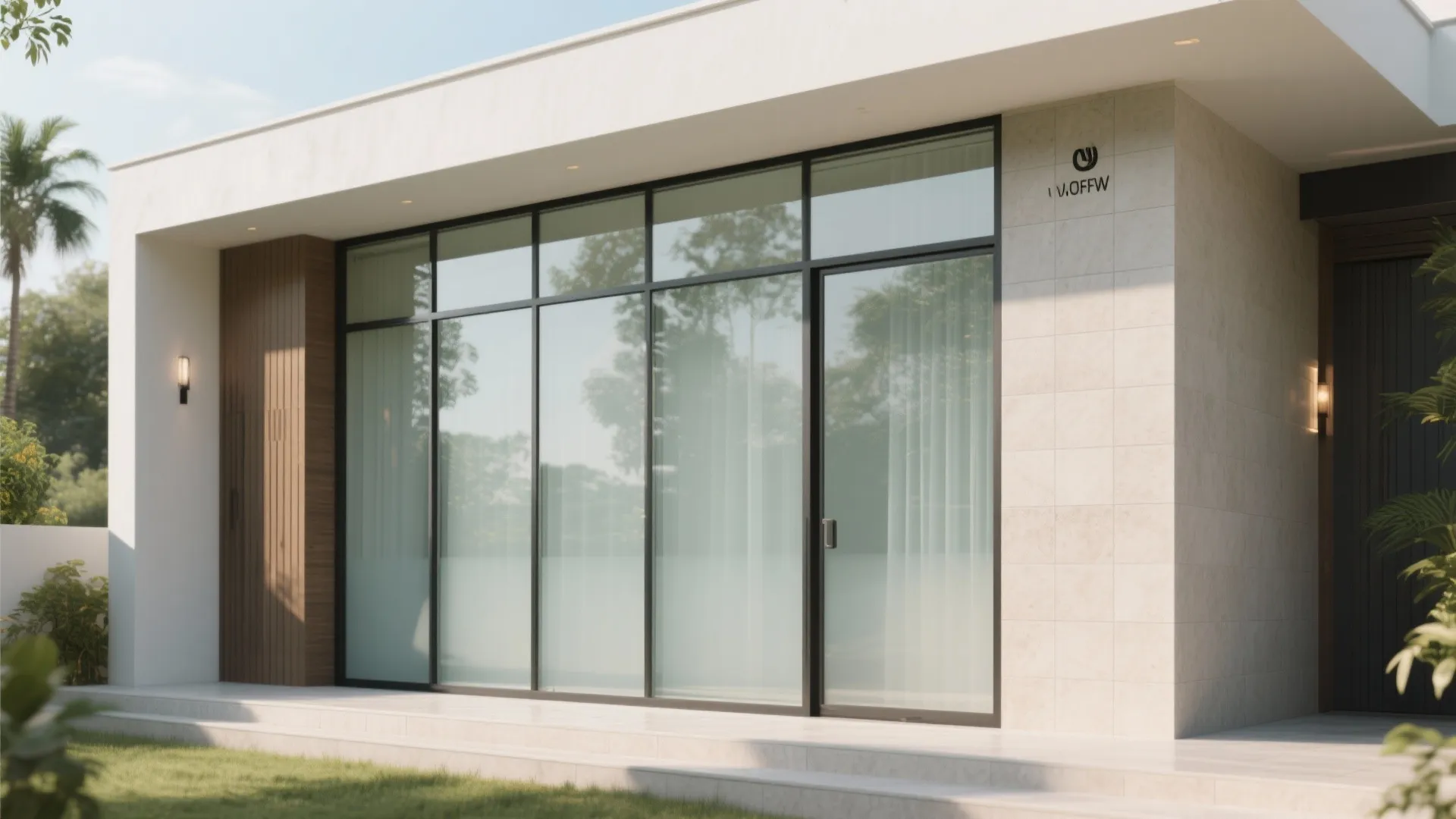 Modern house exterior with large glass sliding doors and white tile wall panels near green grass