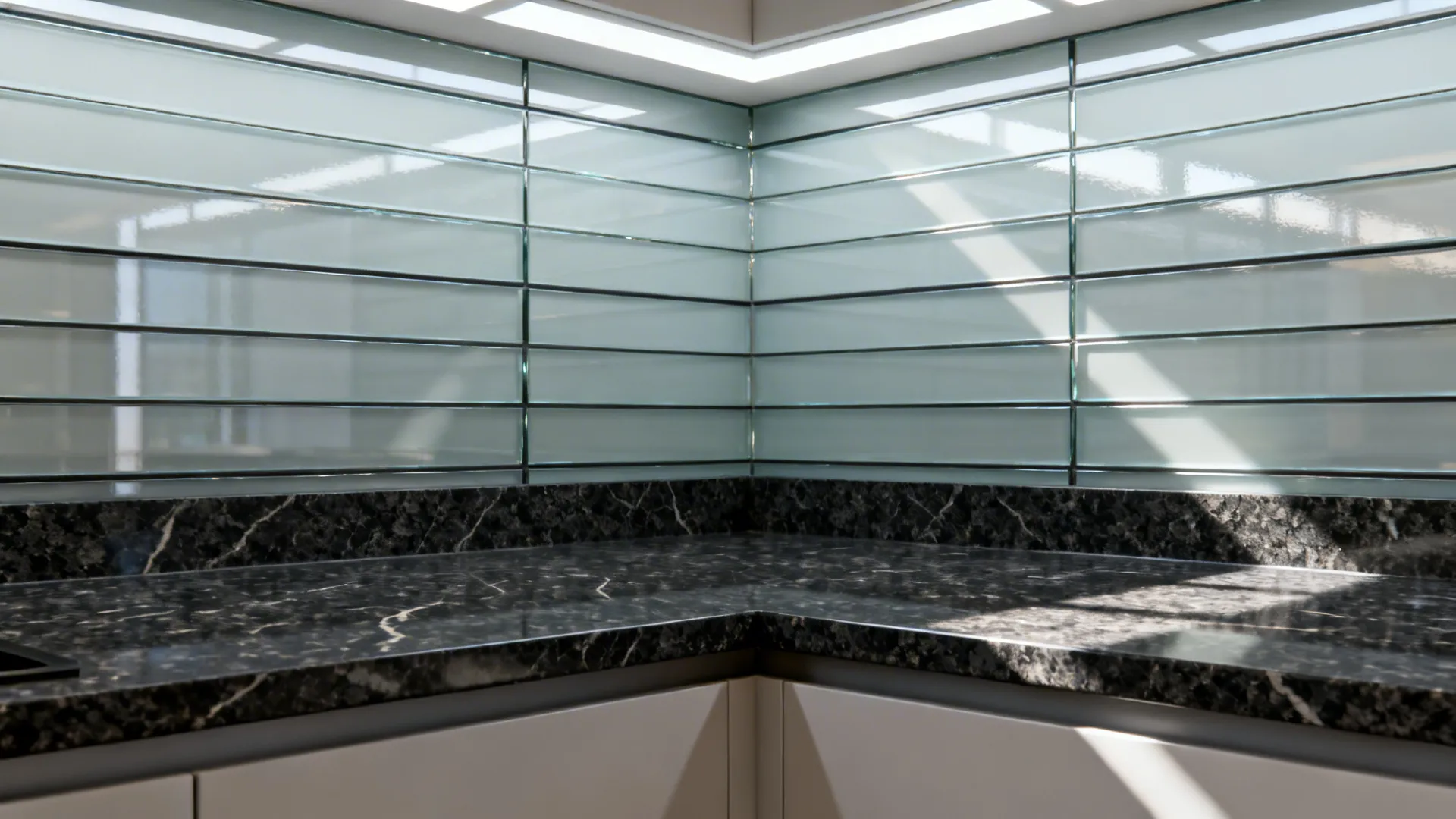 Dark granite countertop with reflective thin horizontal glass tile backsplash in a galley kitchen