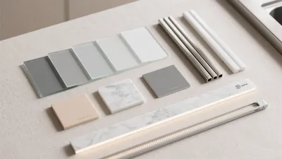 Modern Kitchen Material Palette with Soft Neutrals