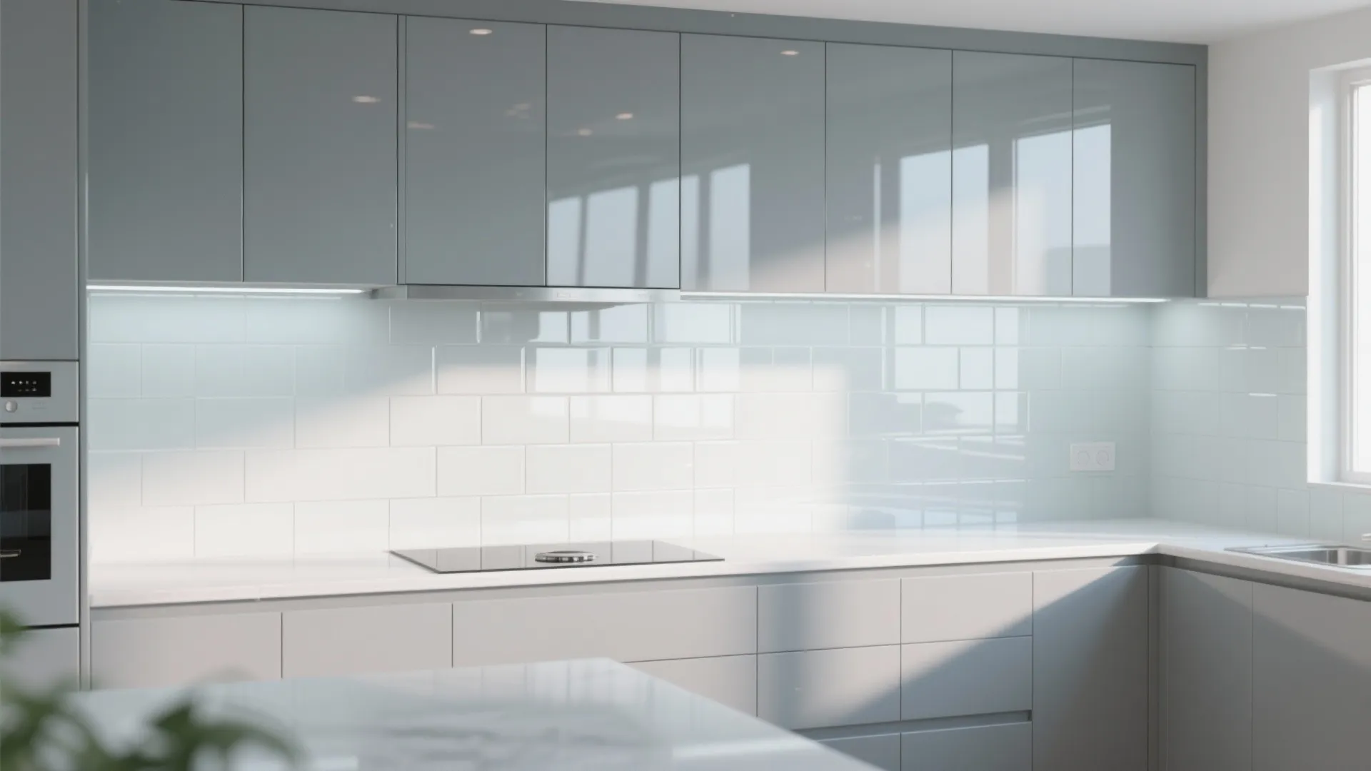 4. White Glass Tile with Frosted Gray Cabinets
