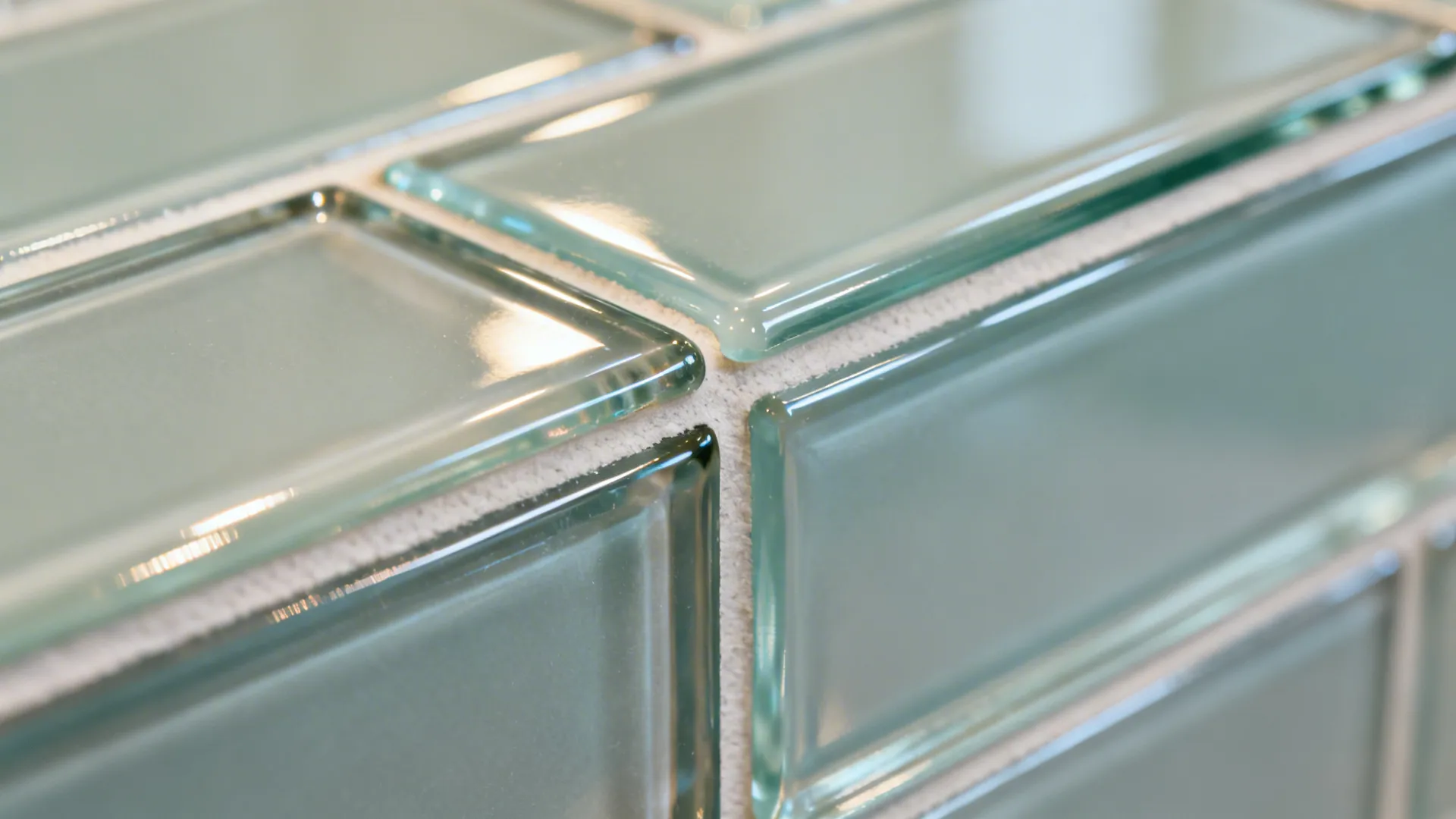Macro of glossy glass tile with reflective surface and neat grout line.