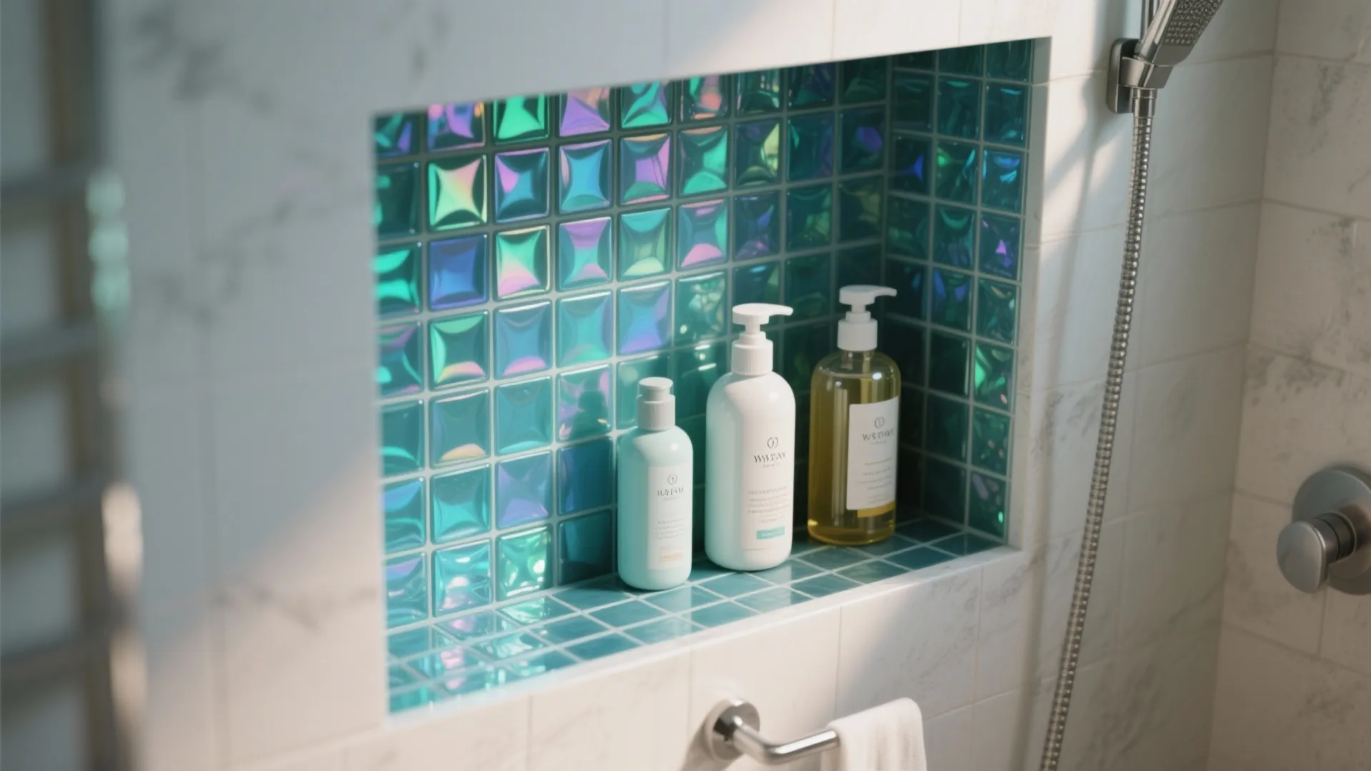 Close up of bathroom wall niche with colorful glass tiles and three white soap bottle dispensers