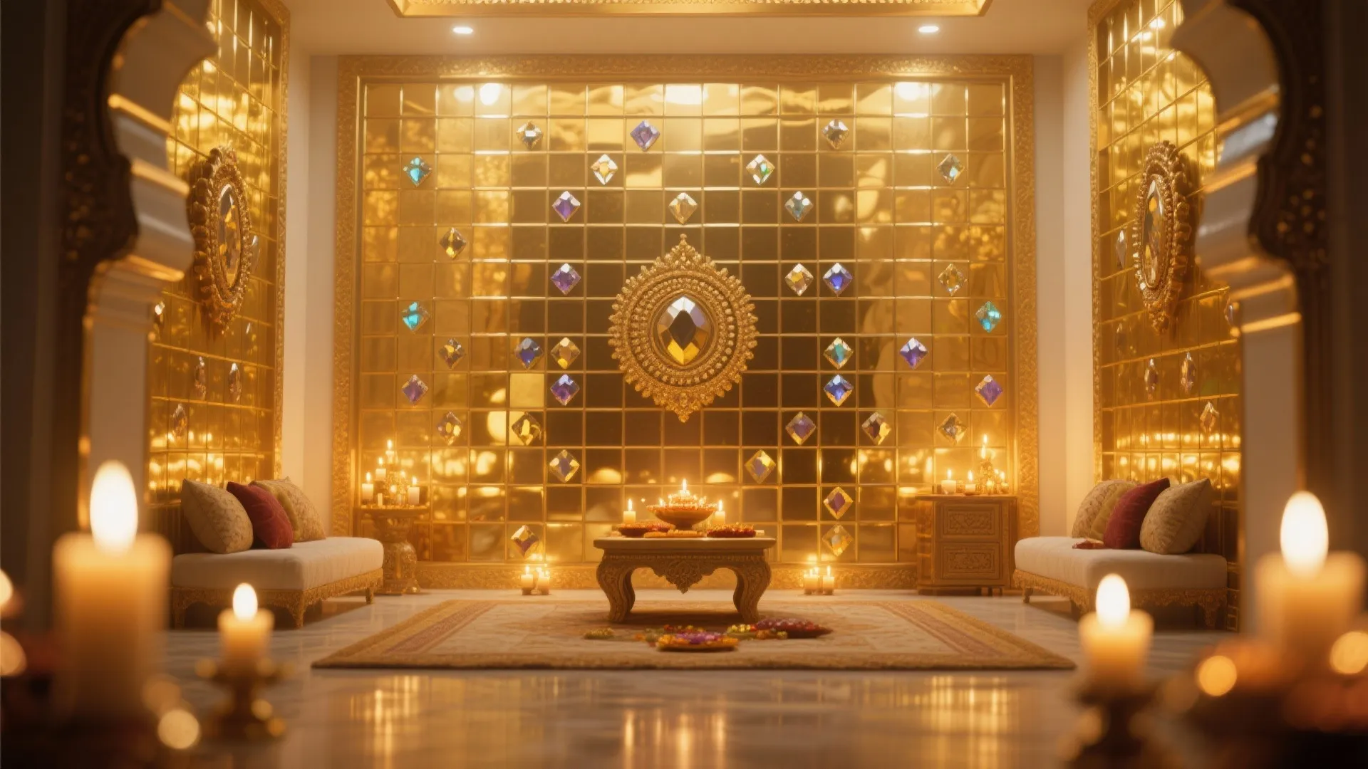 Luxurious prayer room with golden glass tiles candles small sofas and a central wooden coffee table