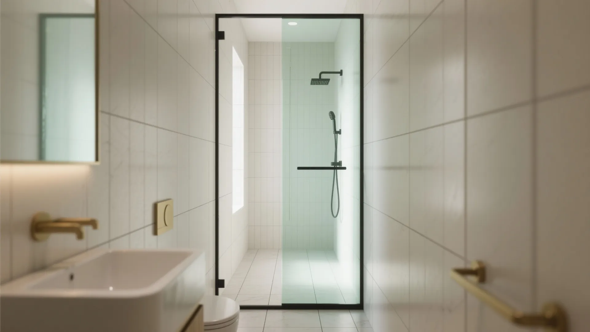 Glass screens and large-format tiles for visual width