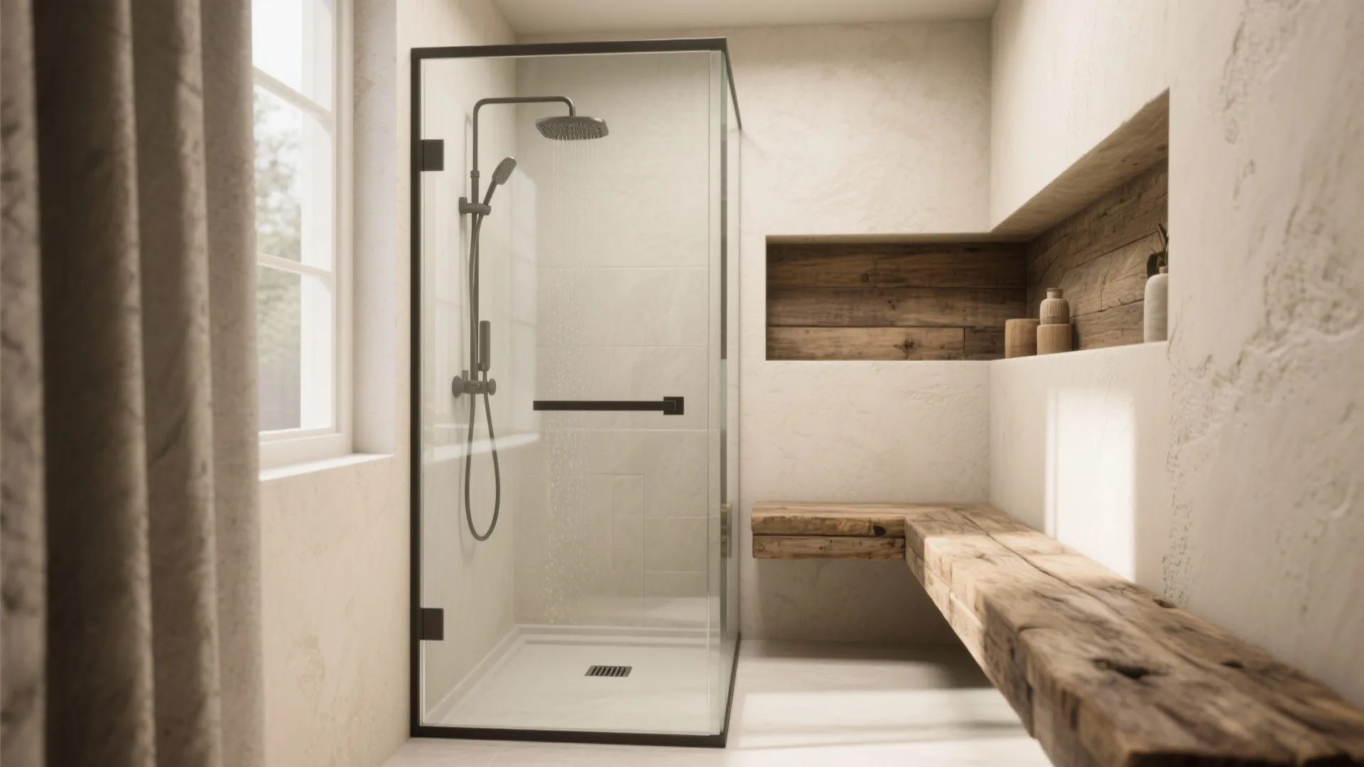 Idea 5: Compact walk-in shower with glass and timber details