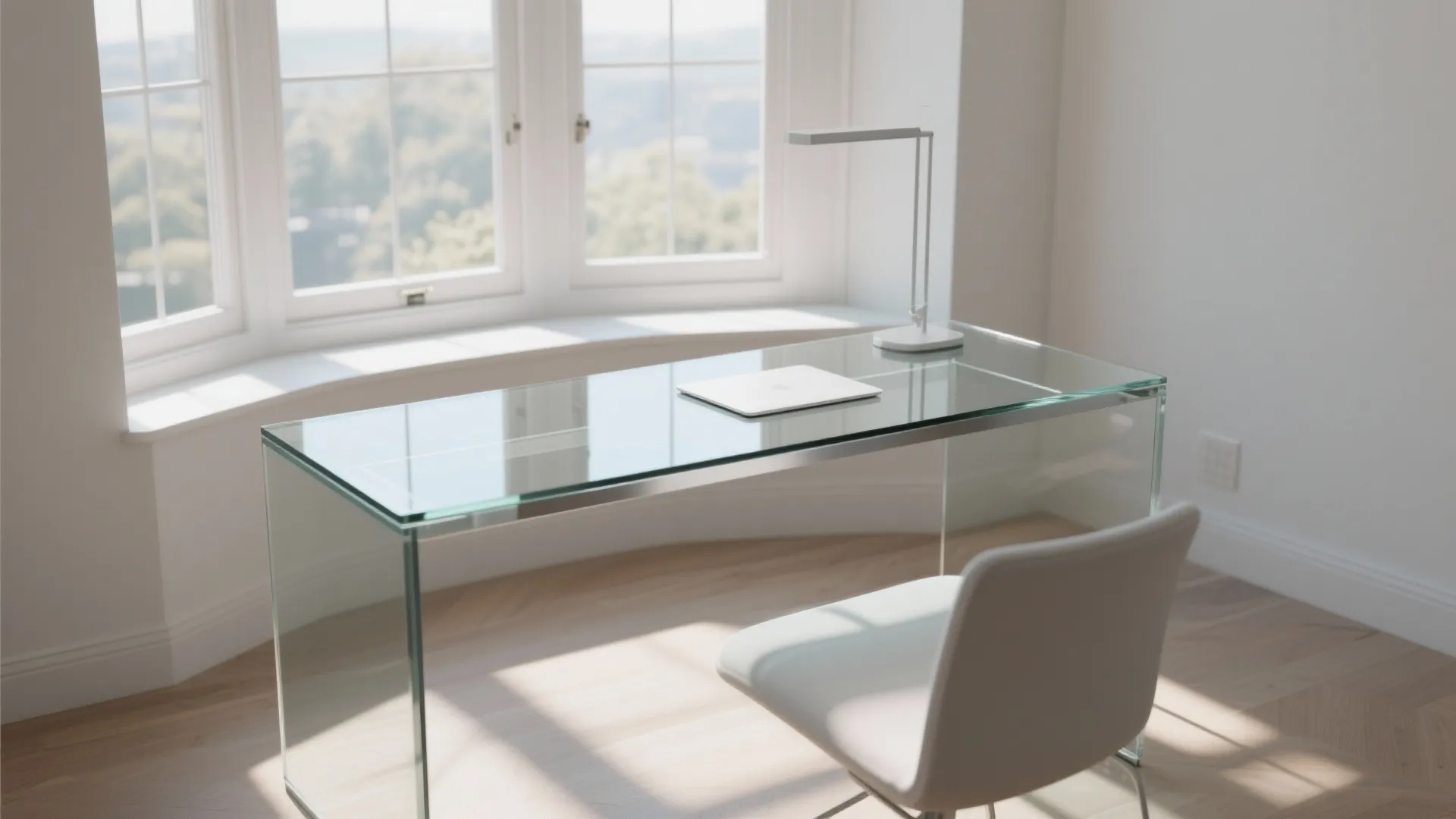 Minimalist glass top desk in a bright bay window setting
