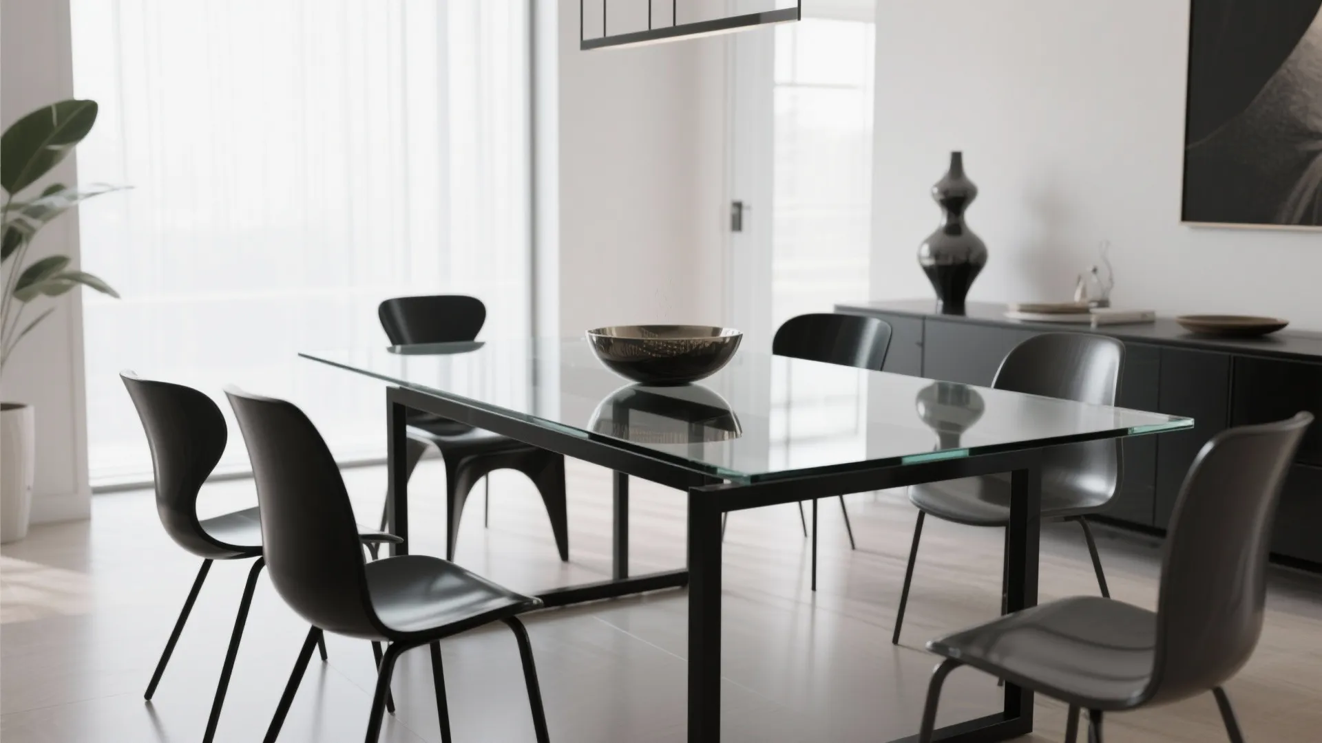 3. Glass-topped black frame with six sculptural chairs