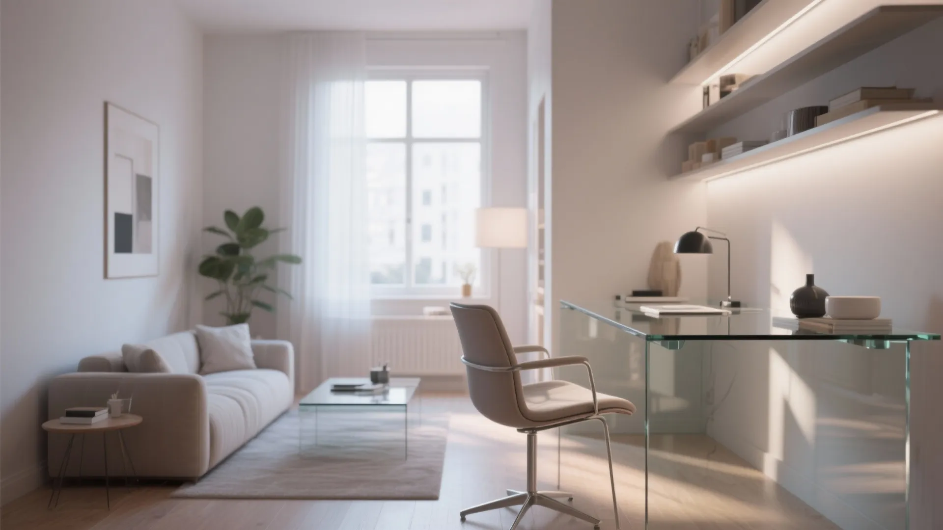 Minimalist home office design with glass desk beige chair sofa coffee table and white walls