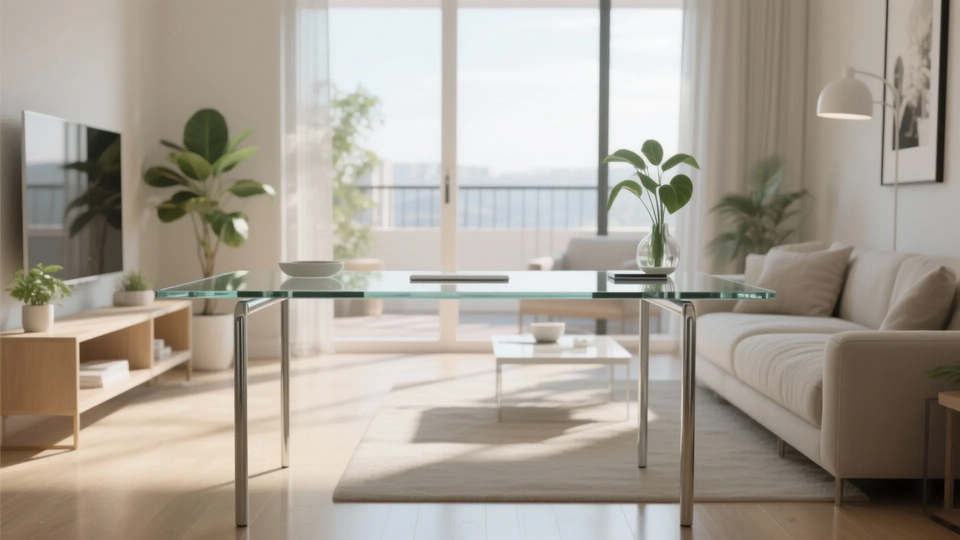 Slim glass-top desk in a bright living room with balcony light