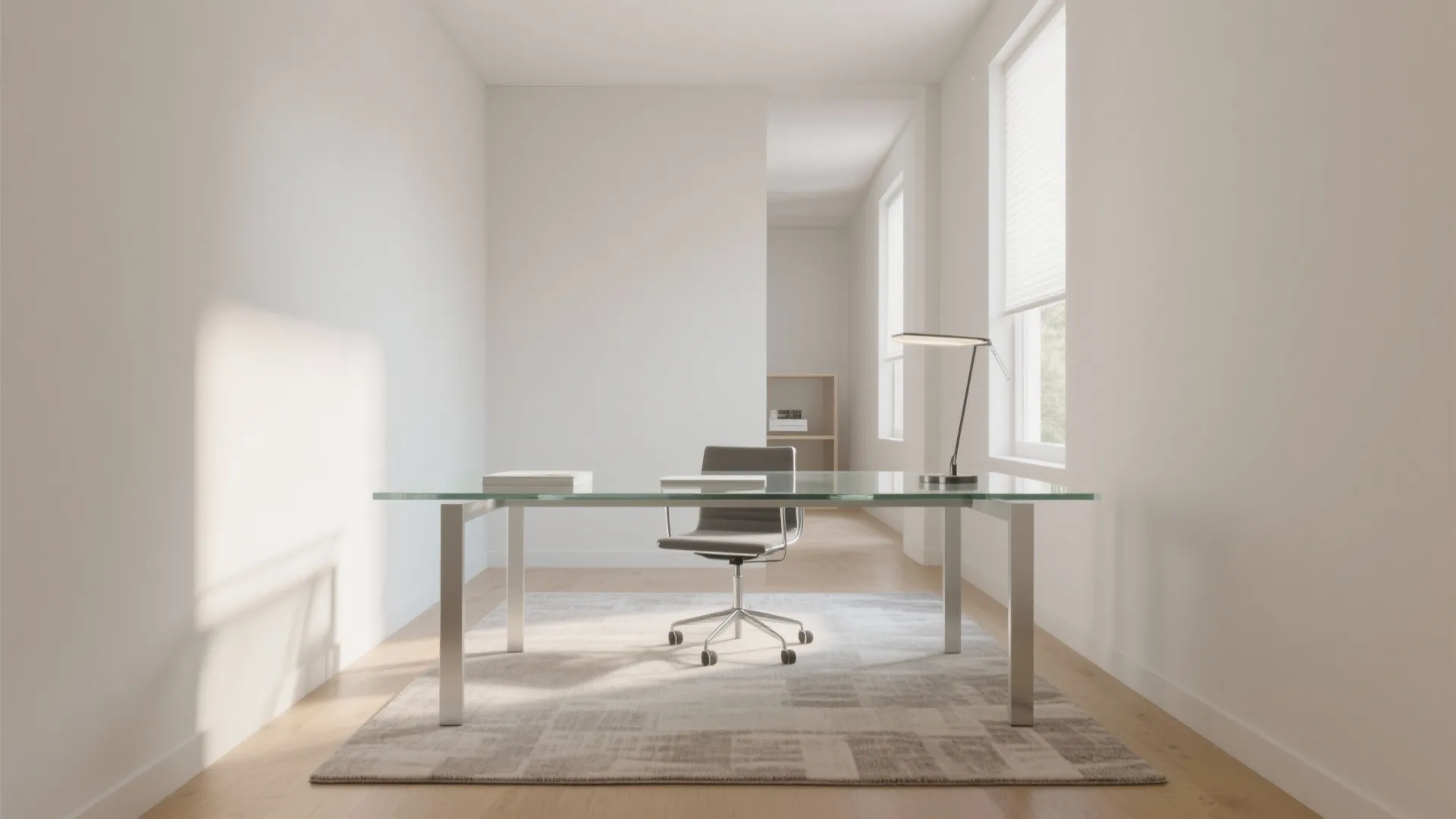 Minimalist study room with glass top desk grey office chair floor lamp and white walls