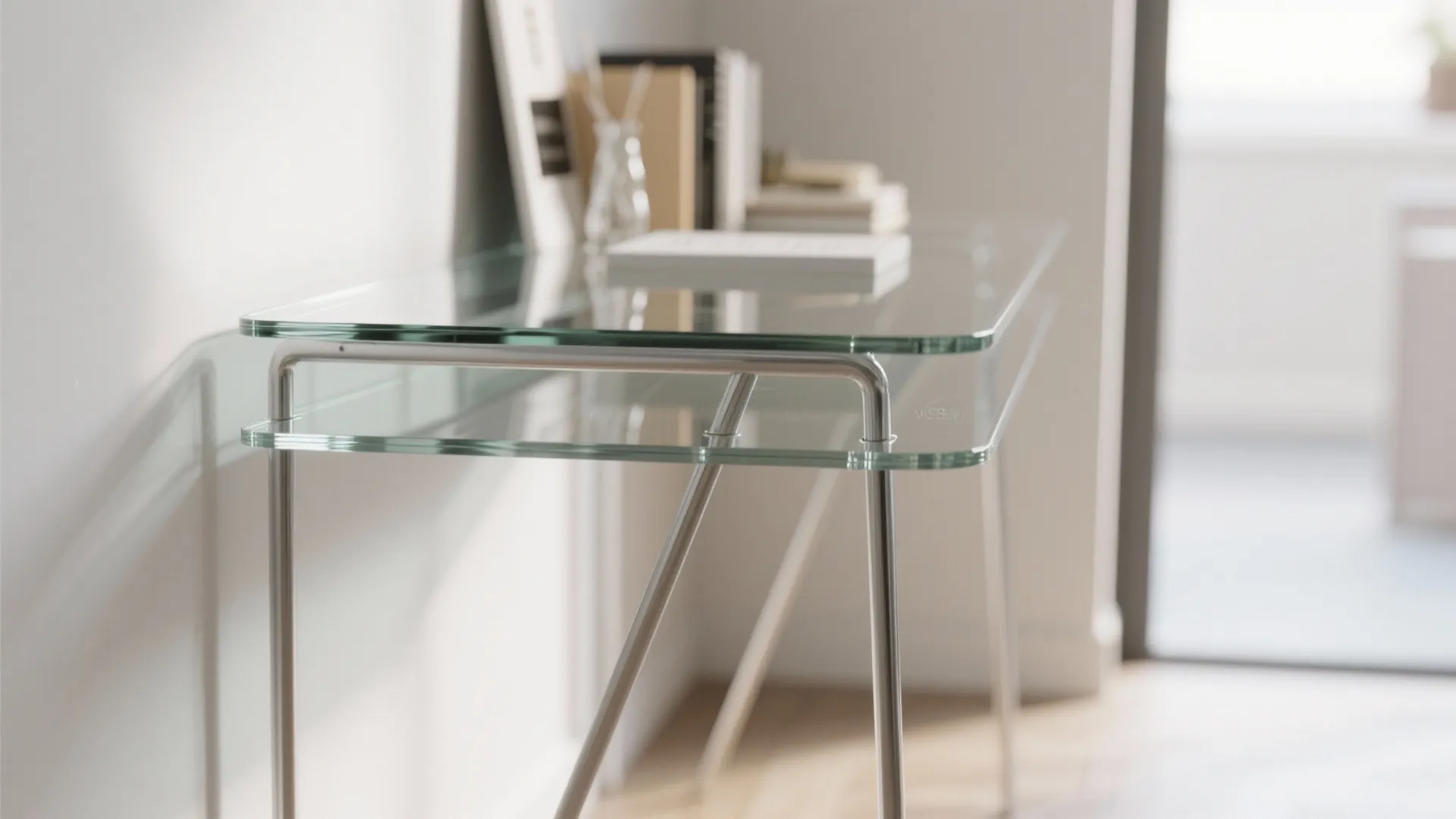 Modern desk with glass top silver metal legs holding white books and a glass vase