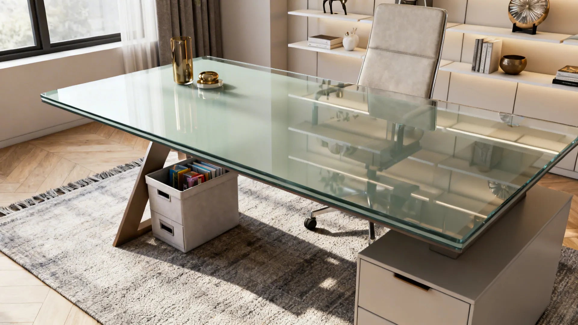 Narrow glass-top desk with floating shelves and a low-profile rug anchoring the area.