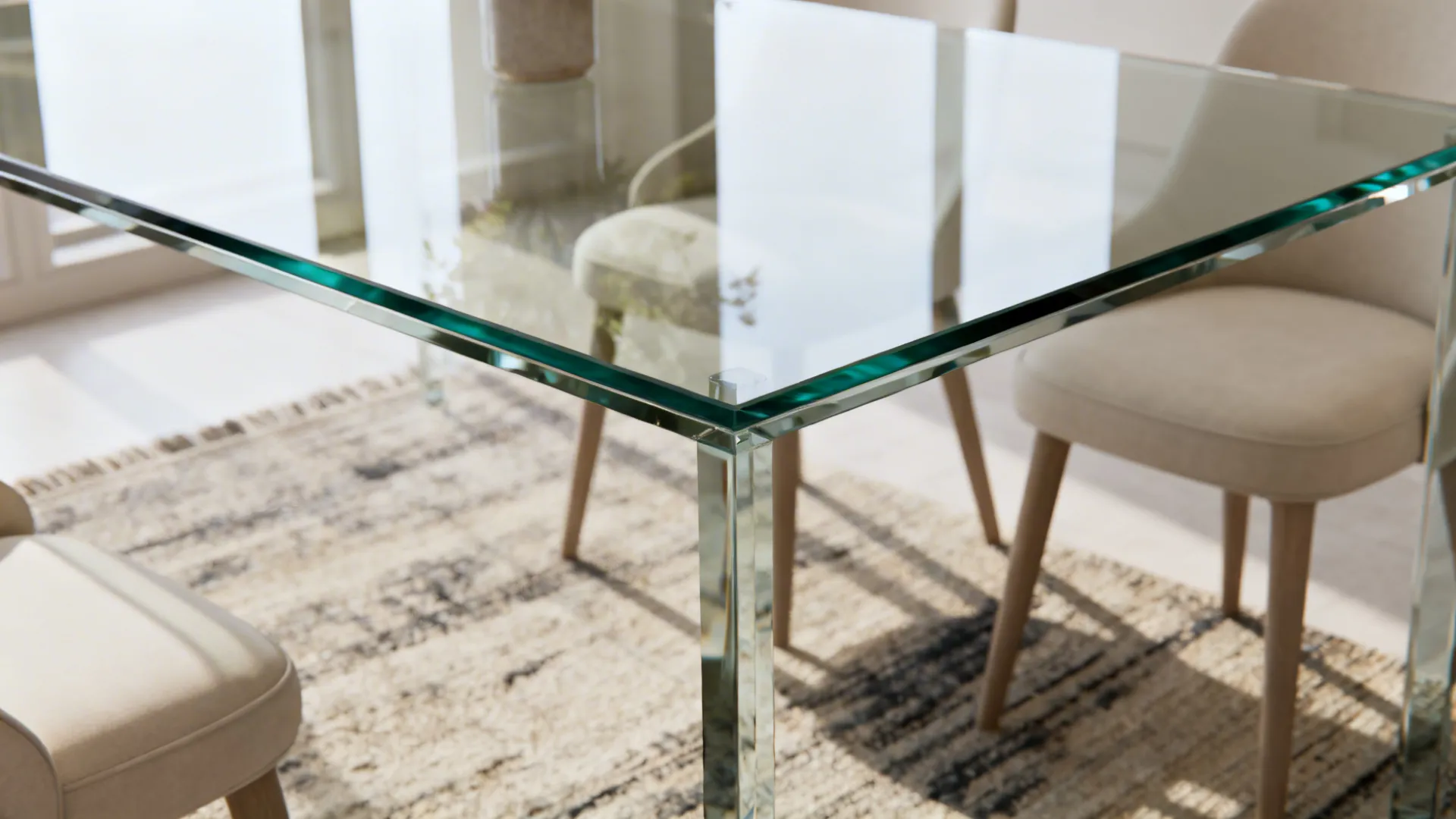 Macro detail of a tempered glass-top dining table with light chairs and a low centerpiece