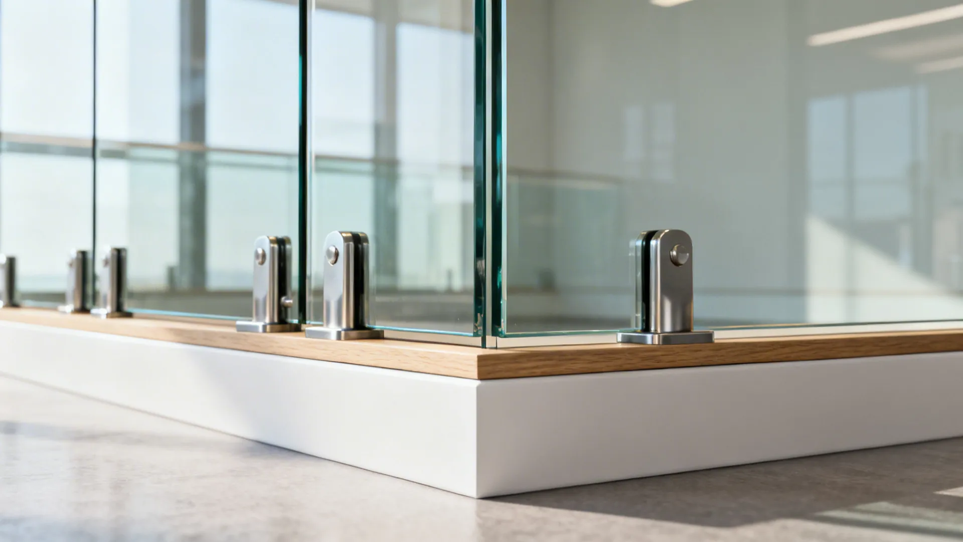 Close-up of tempered glass panels mounted on a painted half wall with metal fittings.