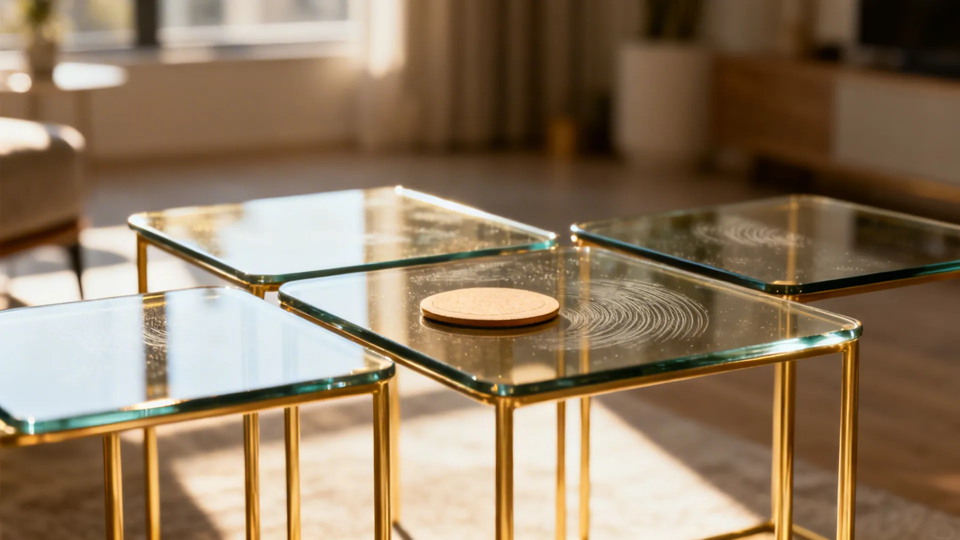 Close-up of a tempered glass tabletop with thin metal legs and a coaster