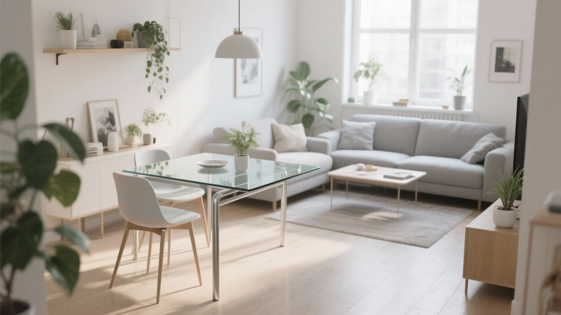 Small living room with glass dining table for lightness