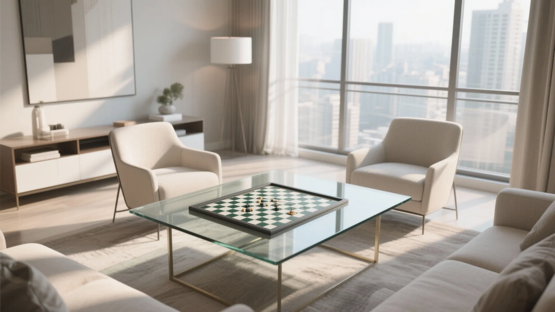 Square glass-top game table with printed grid in a modern condo