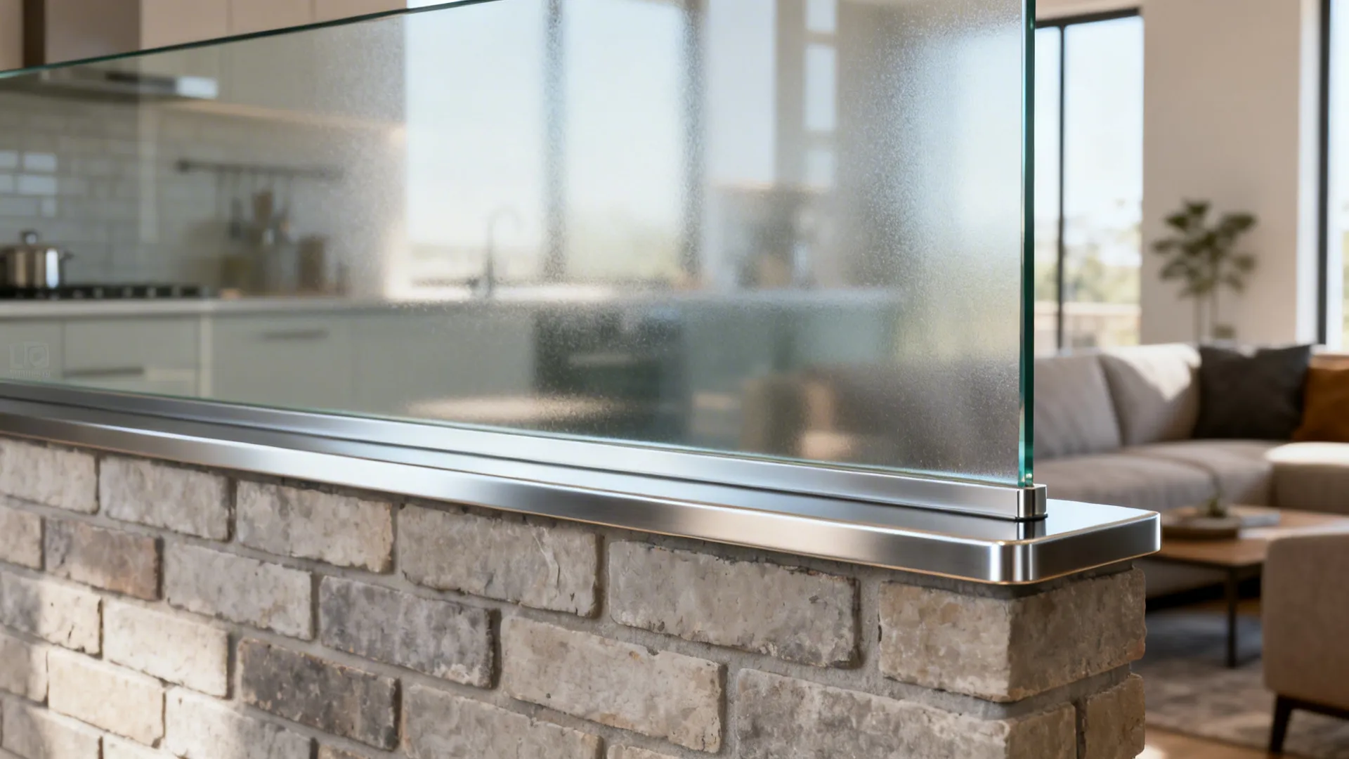 Glass panel on brick wall separating kitchen and living room with sofa and warm sunlight