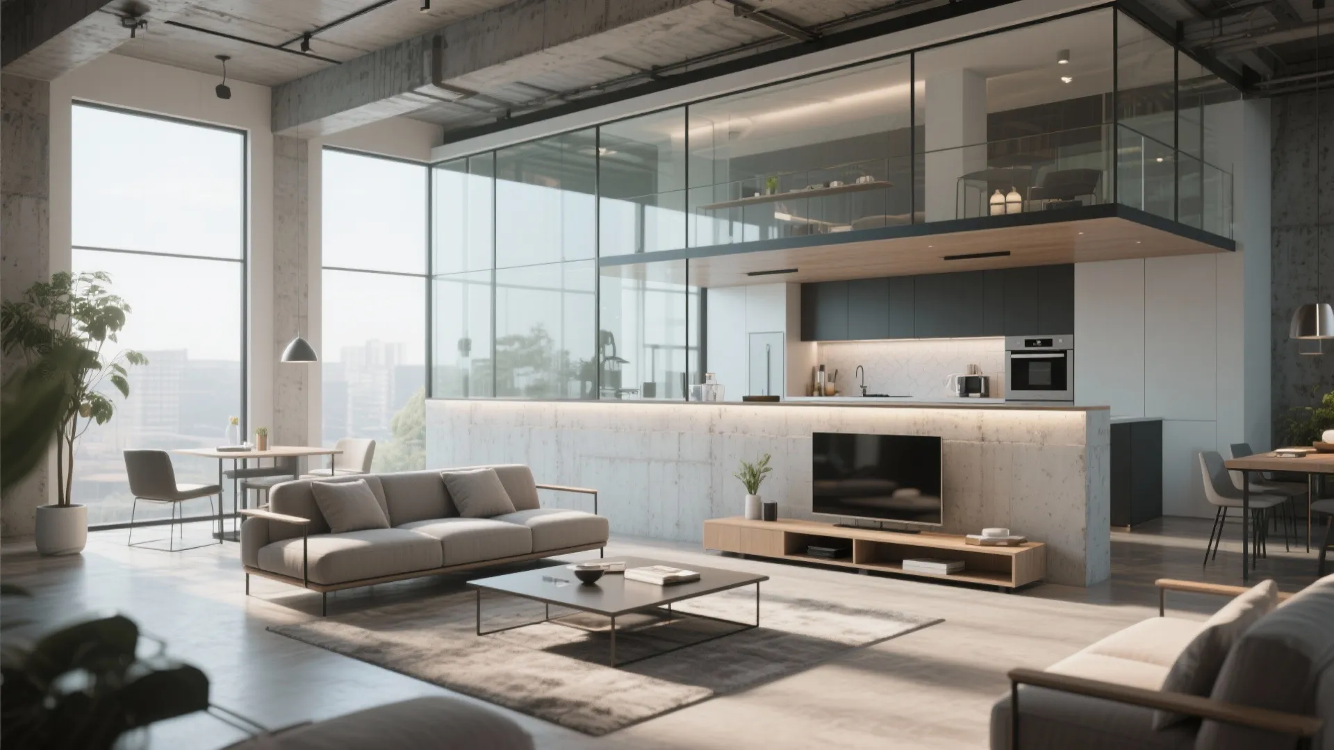 Industrial open living room with concrete half wall glass partition kitchen area and grey fabric sofa