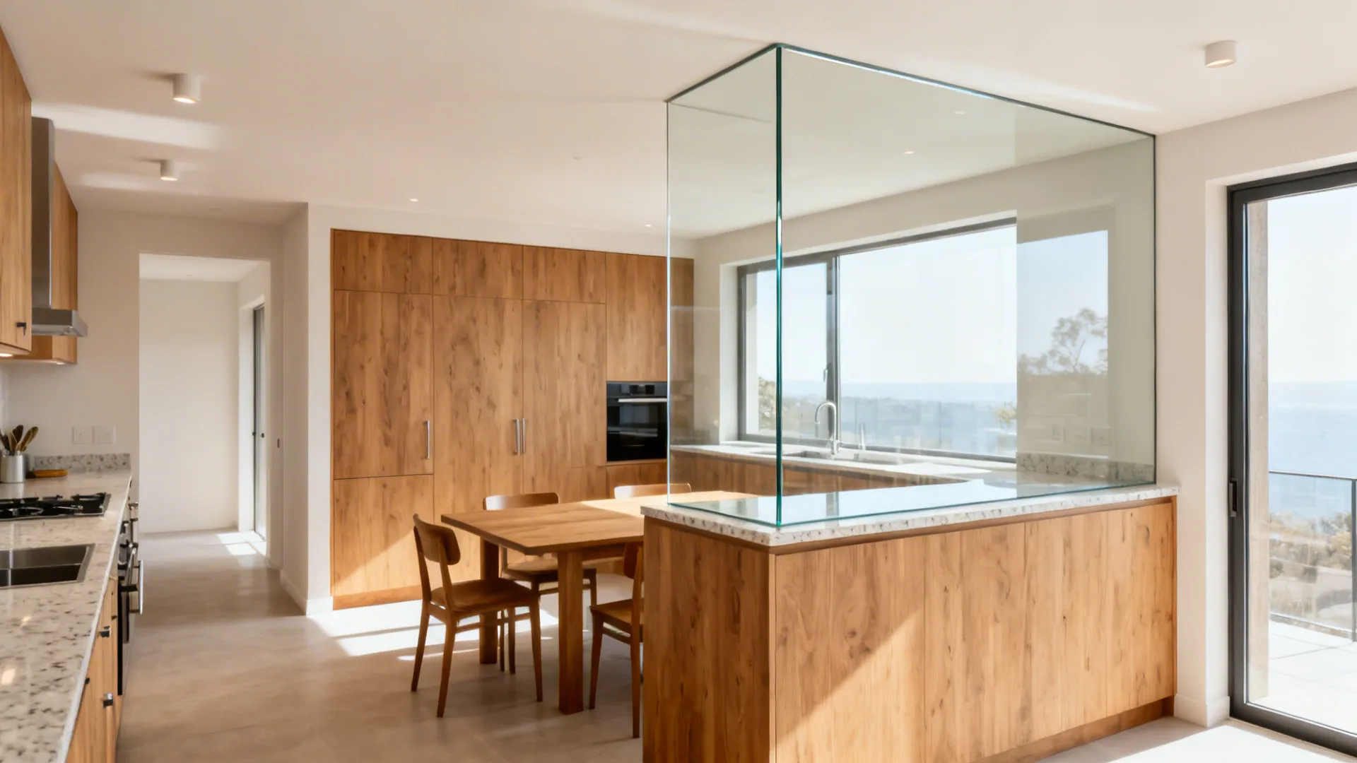 Knee wall with low-iron tempered glass topper connecting a small kitchen and dining room.