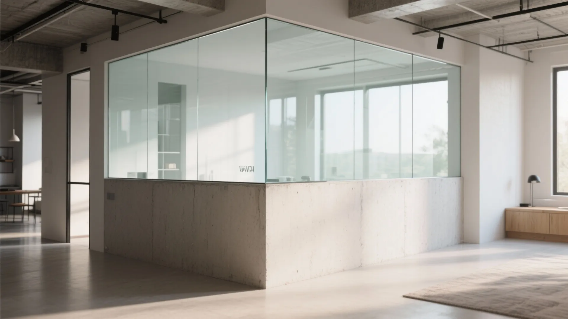 Modern office space featuring a glass wall on a concrete base with bright natural light