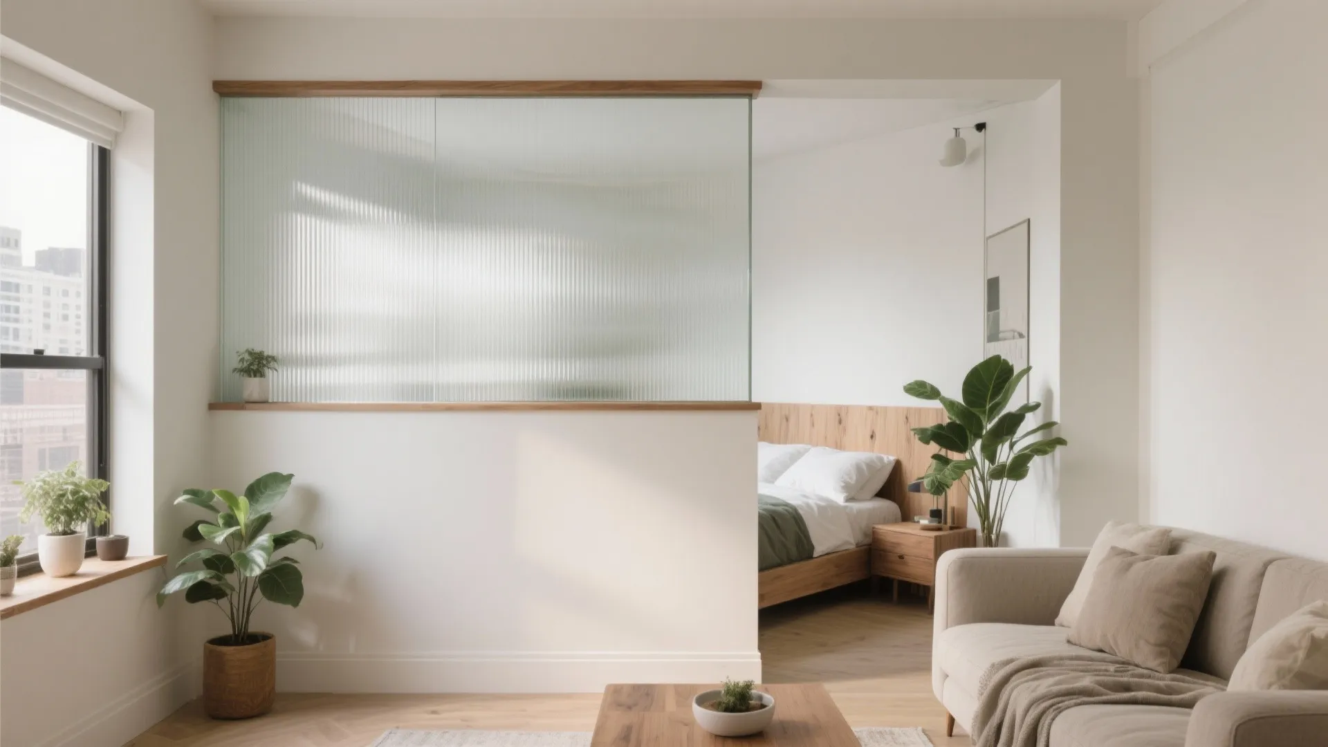 Modern studio apartment layout with a half wall glass partition separating the bedroom and living room