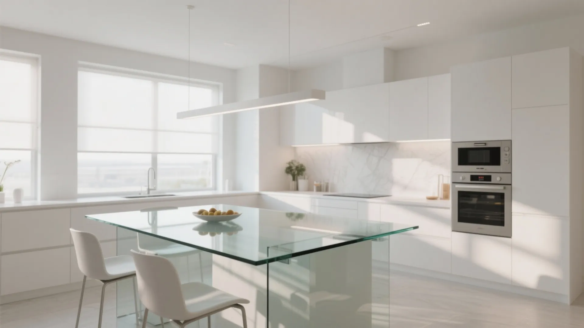 Minimalist white kitchen with glass top dining table plus linear light fixture and marble wall