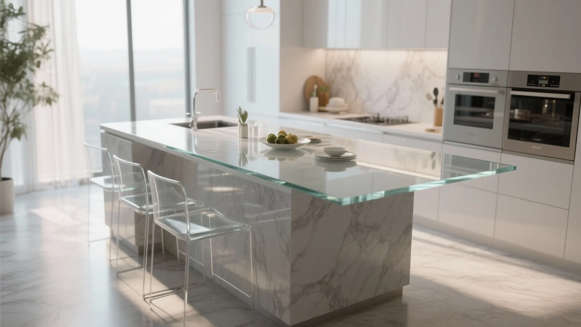 Kitchen island with glass-top dining extension