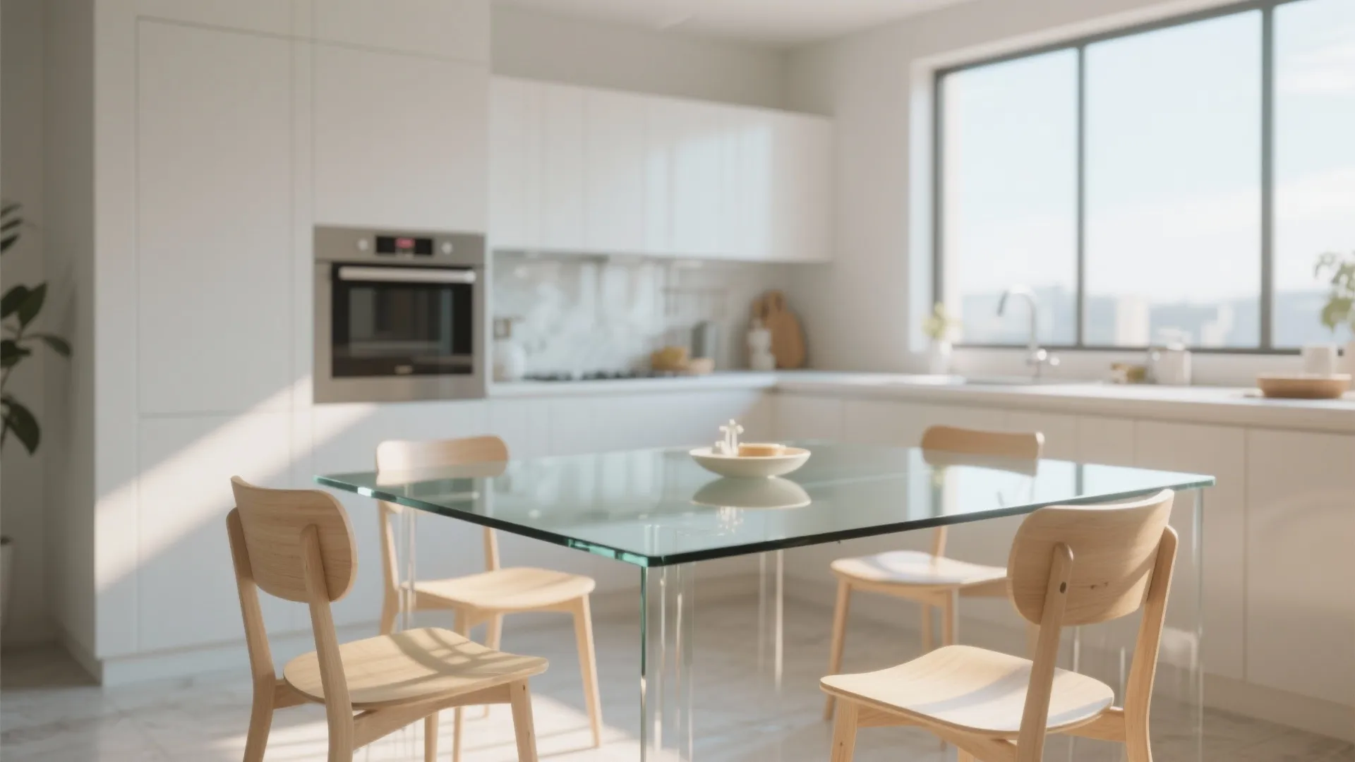 Modern white kitchen featuring glass top dining table with four wooden chairs and natural sunlight