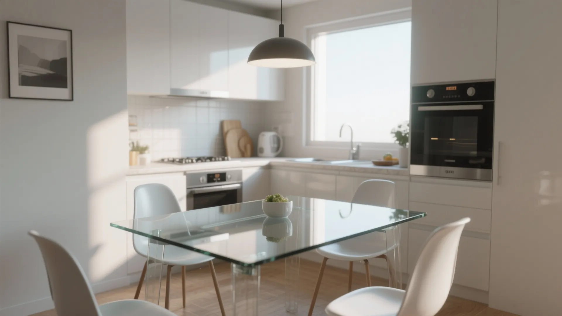 Modern white kitchen with glass dining table white chairs black ceiling light oven and window