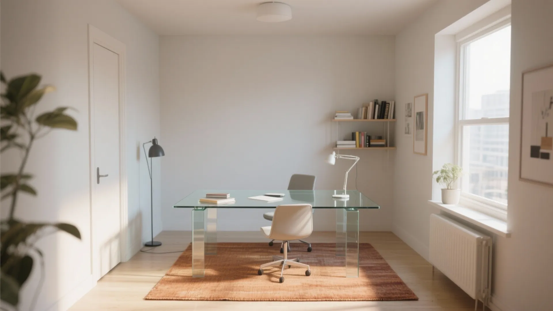 Glass-top desk for visual lightness
