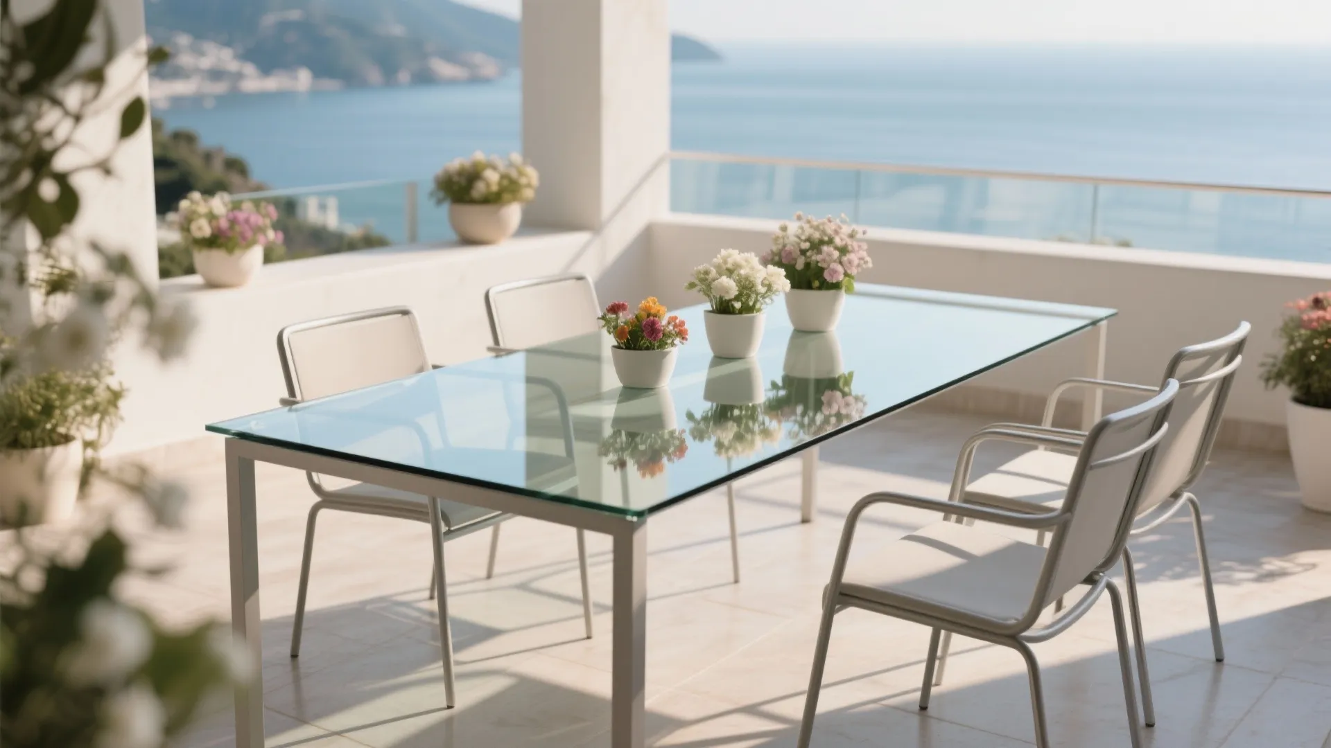 Sleek glass-top table with metal frame on a seaside terrace.