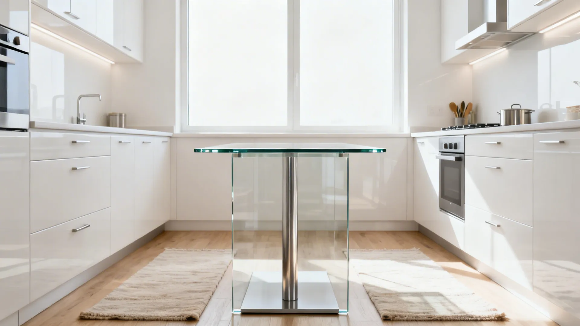 Micro island with tempered glass top reflecting soft light in a compact galley kitchen.