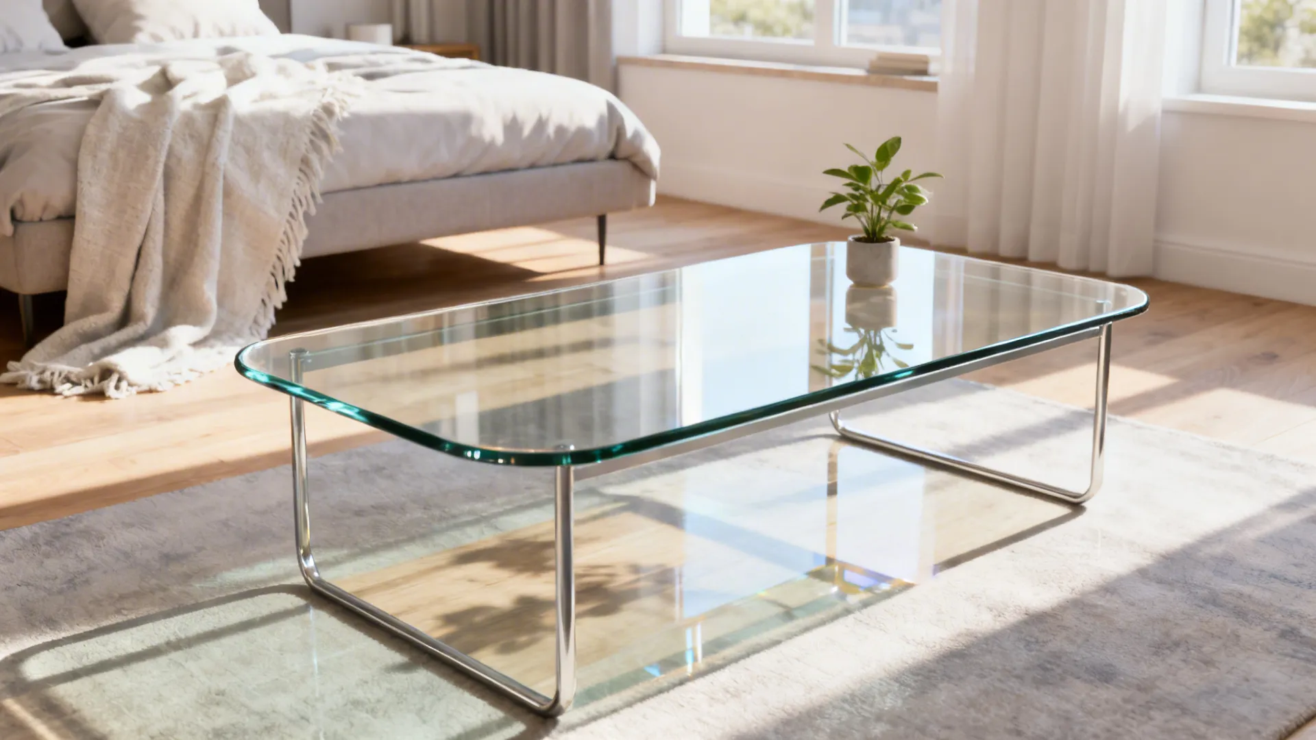 Glass-top rectangular coffee table in a studio living room maintaining open sightlines and visual lightness