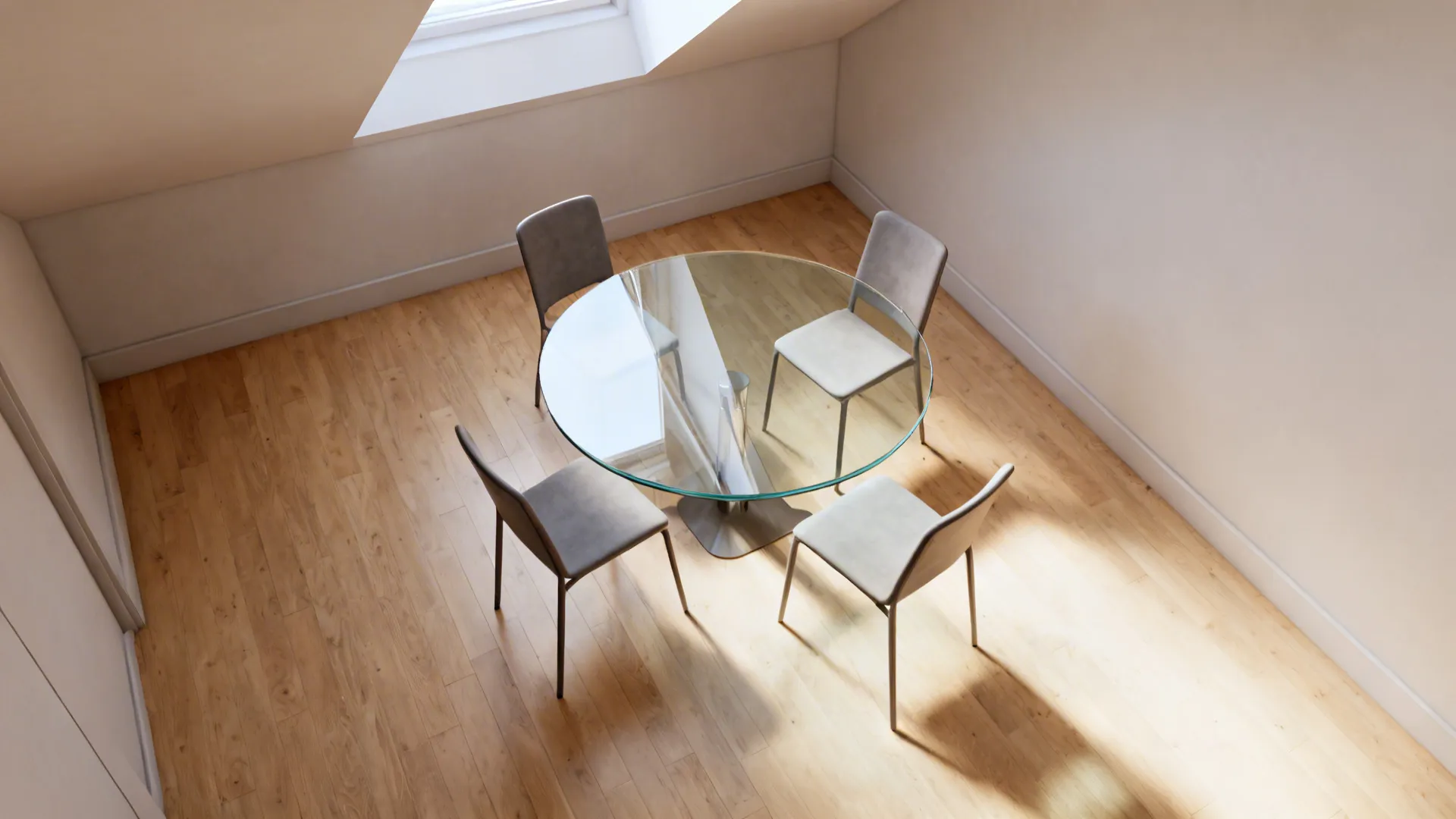 Small round glass-top table with slim chairs creating open sightlines in a low-ceiling space