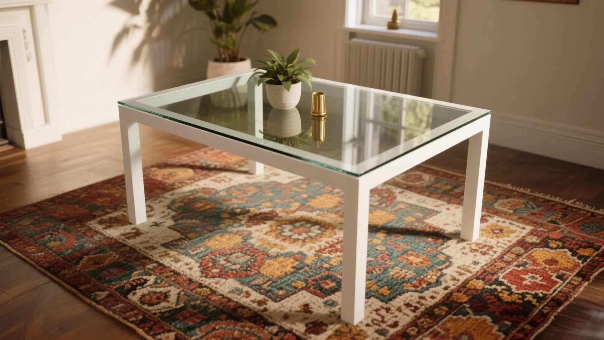 5. Glass-topped white table + patterned rug to anchor it